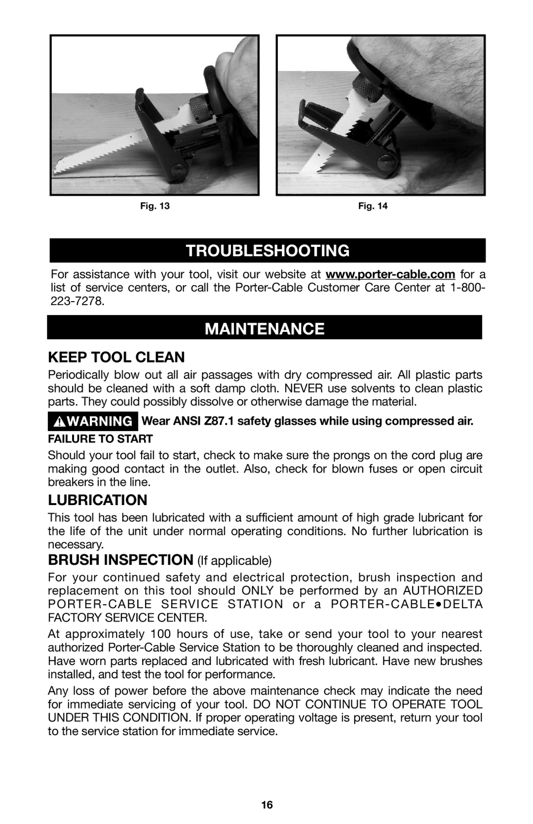 Porter-Cable 745, 746, 748 Troubleshooting Maintenance, Keep Tool Clean, Lubrication, Brush Inspection If applicable 