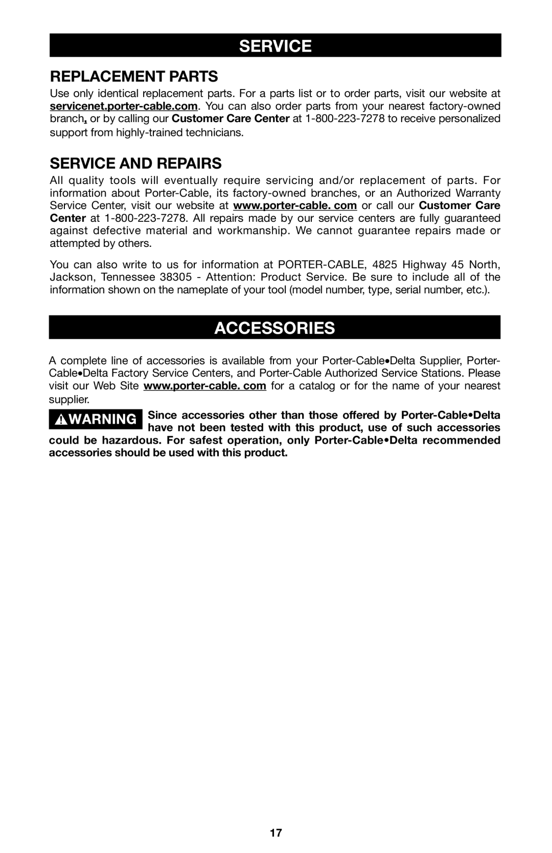 Porter-Cable 748, 746, 745 instruction manual Accessories, Replacement Parts, Service and Repairs 