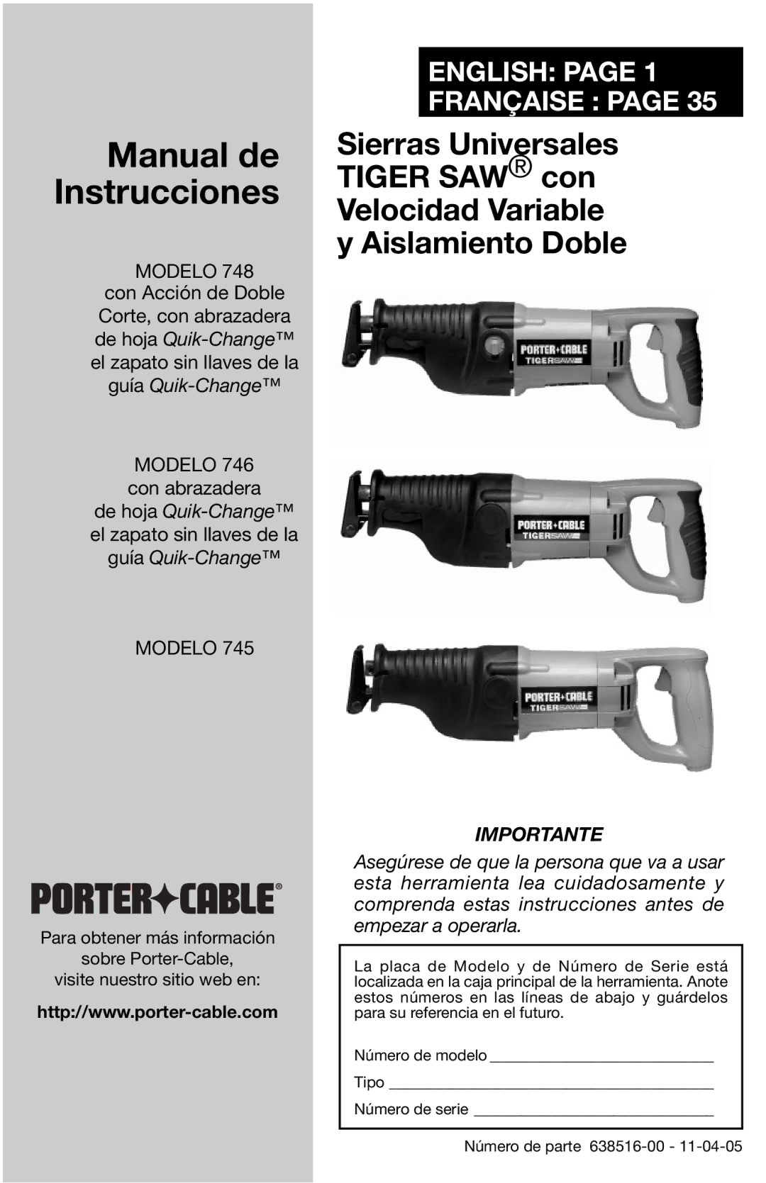 Porter-Cable 745, 746, 748 instruction manual Manual de Instrucciones 