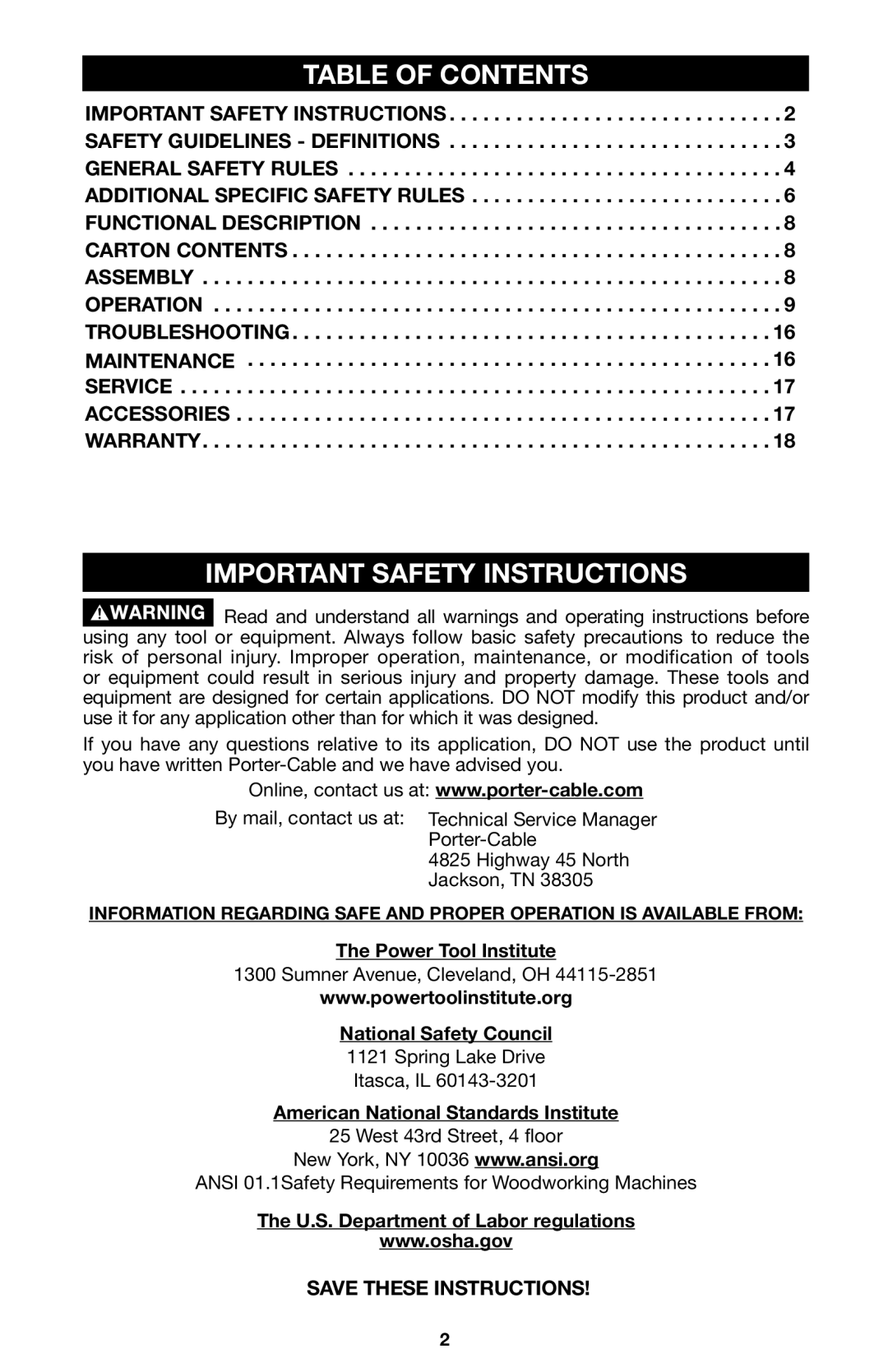 Porter-Cable 748, 746, 745 instruction manual Table of Contents, Important Safety Instructions 