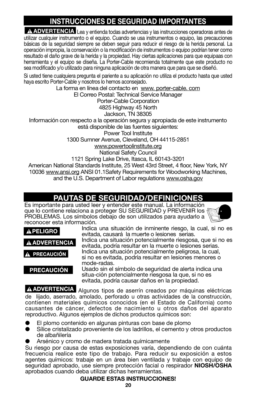 Porter-Cable 748, 746, 745 instruction manual Instrucciones DE Seguridad Importantes, Pautas DE SEGURIDAD/DEFINICIONES 