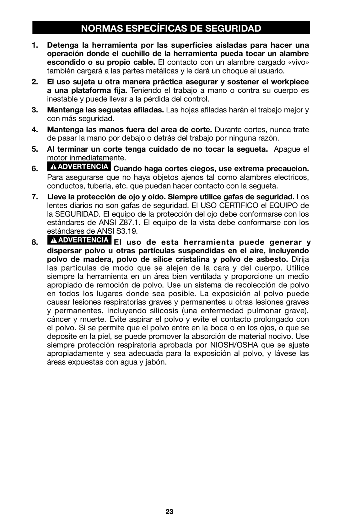 Porter-Cable 748, 746, 745 instruction manual Normas Específicas DE Seguridad 