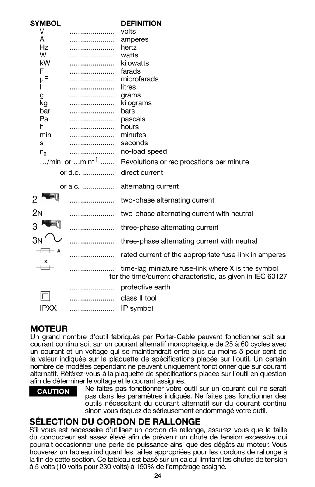 Porter-Cable 746, 745, 748 instruction manual Moteur, Sélection DU Cordon DE Rallonge 