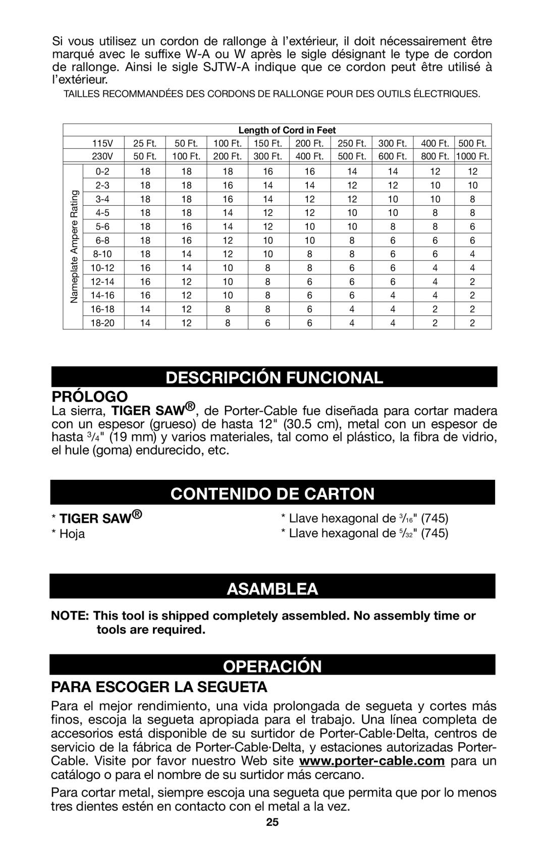 Porter-Cable 745, 746, 748 Descripción Funcional, Contenido DE Carton, Asamblea Operación, Prólogo, Para Escoger LA Segueta 