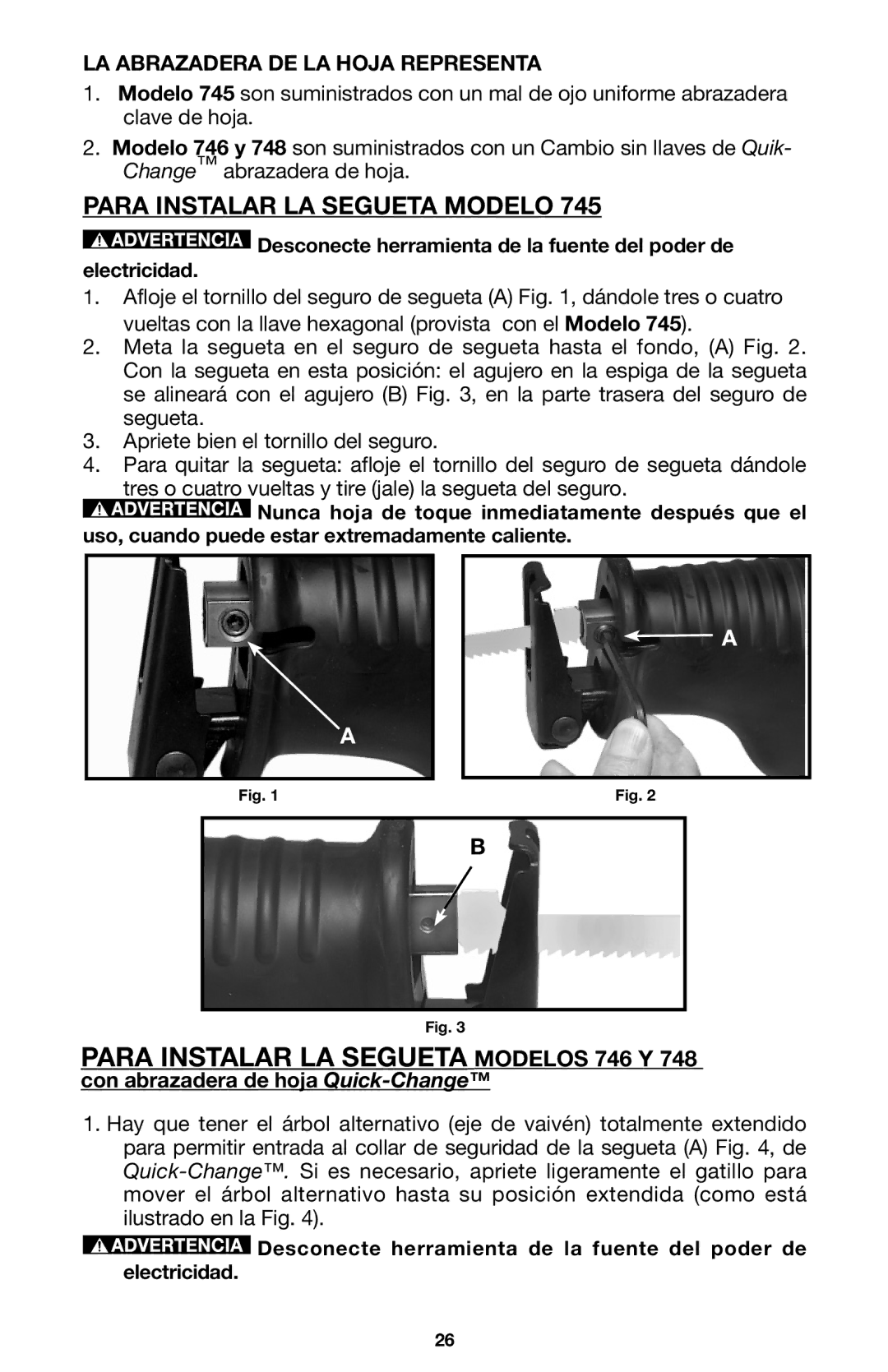 Porter-Cable 748, 746, 745 instruction manual Para Instalar LA Segueta Modelo, LA Abrazadera DE LA Hoja Representa 