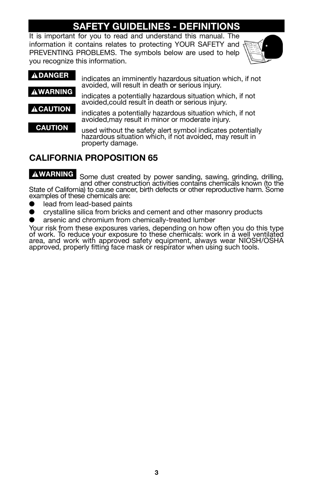 Porter-Cable 746, 745, 748 instruction manual Safety Guidelines Definitions, California Proposition 