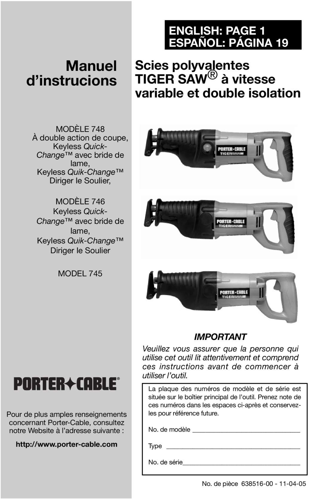 Porter-Cable 748, 746, 745 instruction manual Manuel 