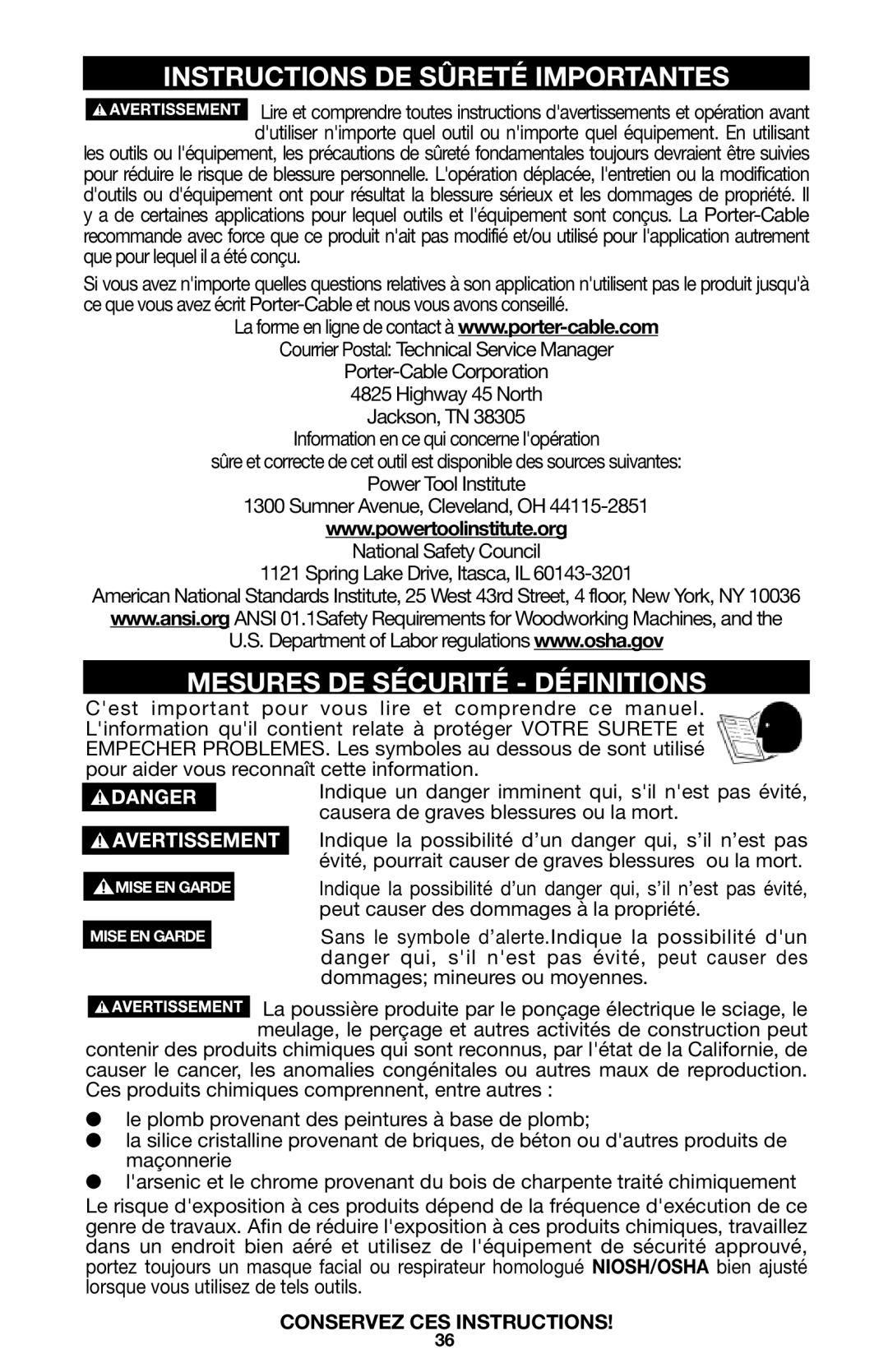 Porter-Cable 746, 745, 748 instruction manual Instructions DE Sûreté Importantes, Mesures DE Sécurité Définitions 