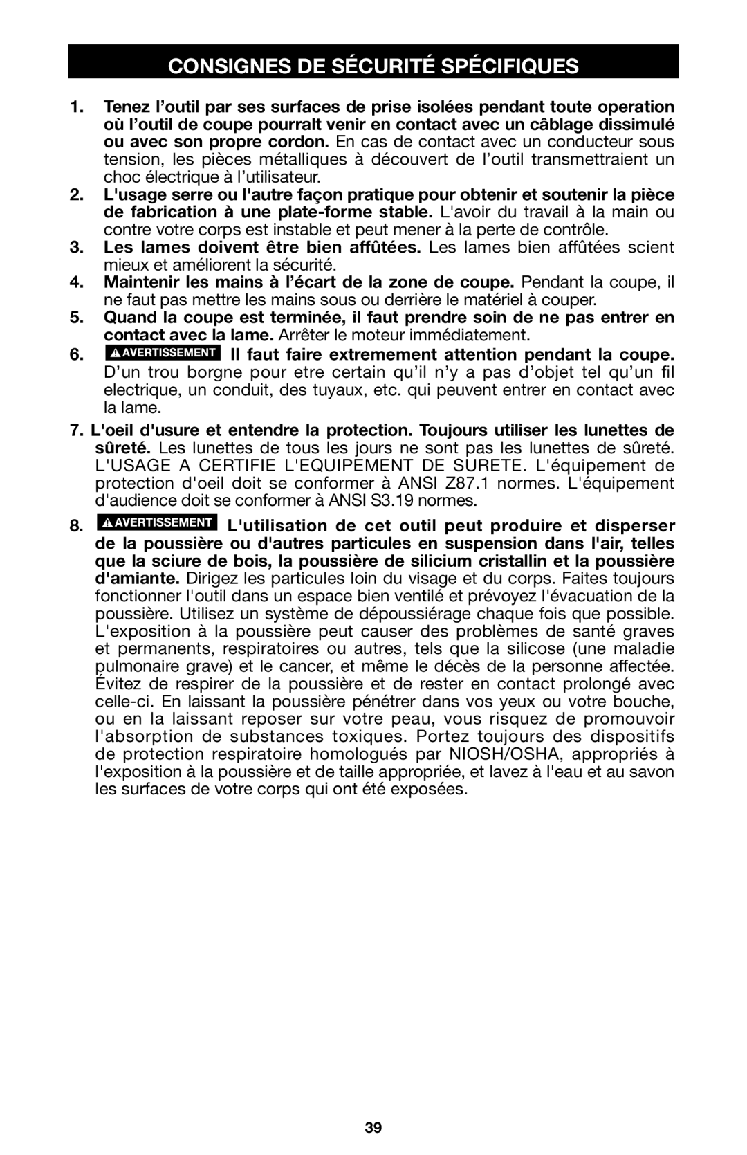 Porter-Cable 746, 745, 748 instruction manual Consignes DE Sécurité Spécifiques 