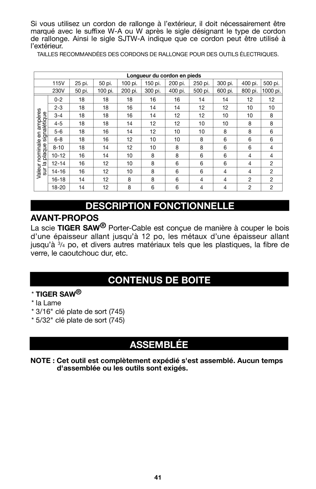 Porter-Cable 748, 746, 745 instruction manual Description Fonctionnelle, Contenus DE Boite, Assemblée, Avant-Propos 