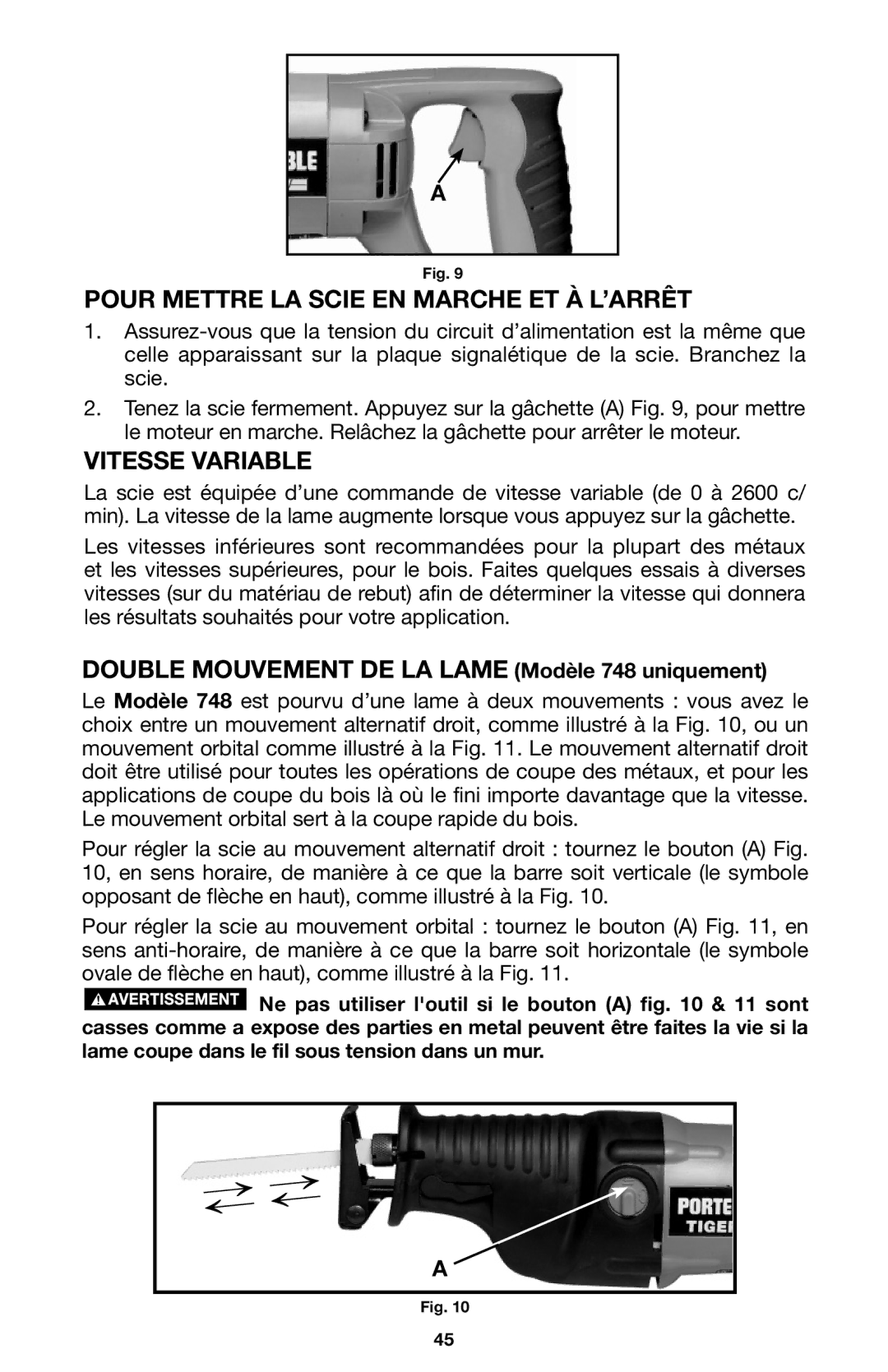 Porter-Cable 746, 745, 748 instruction manual Pour Mettre LA Scie EN Marche ET À L’ARRÊT, Vitesse Variable 