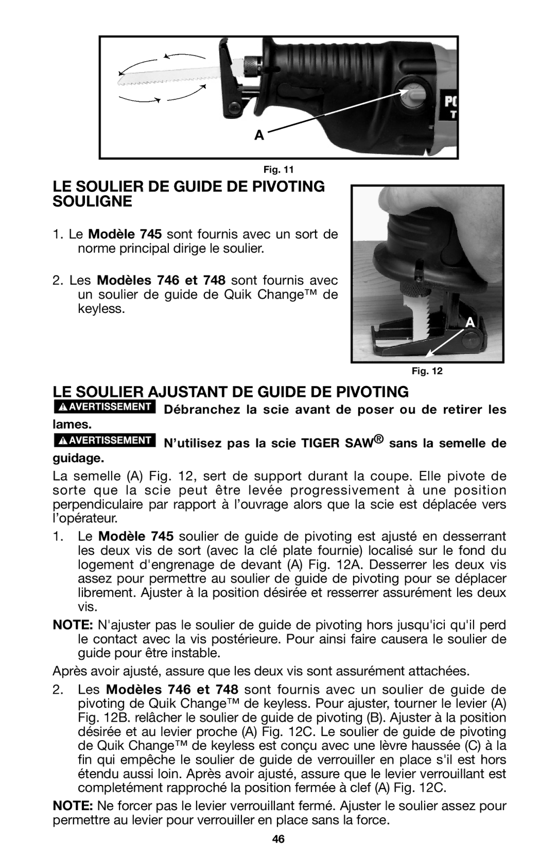 Porter-Cable 745, 746, 748 LE Soulier DE Guide DE Pivoting Souligne, LE Soulier Ajustant DE Guide DE Pivoting 