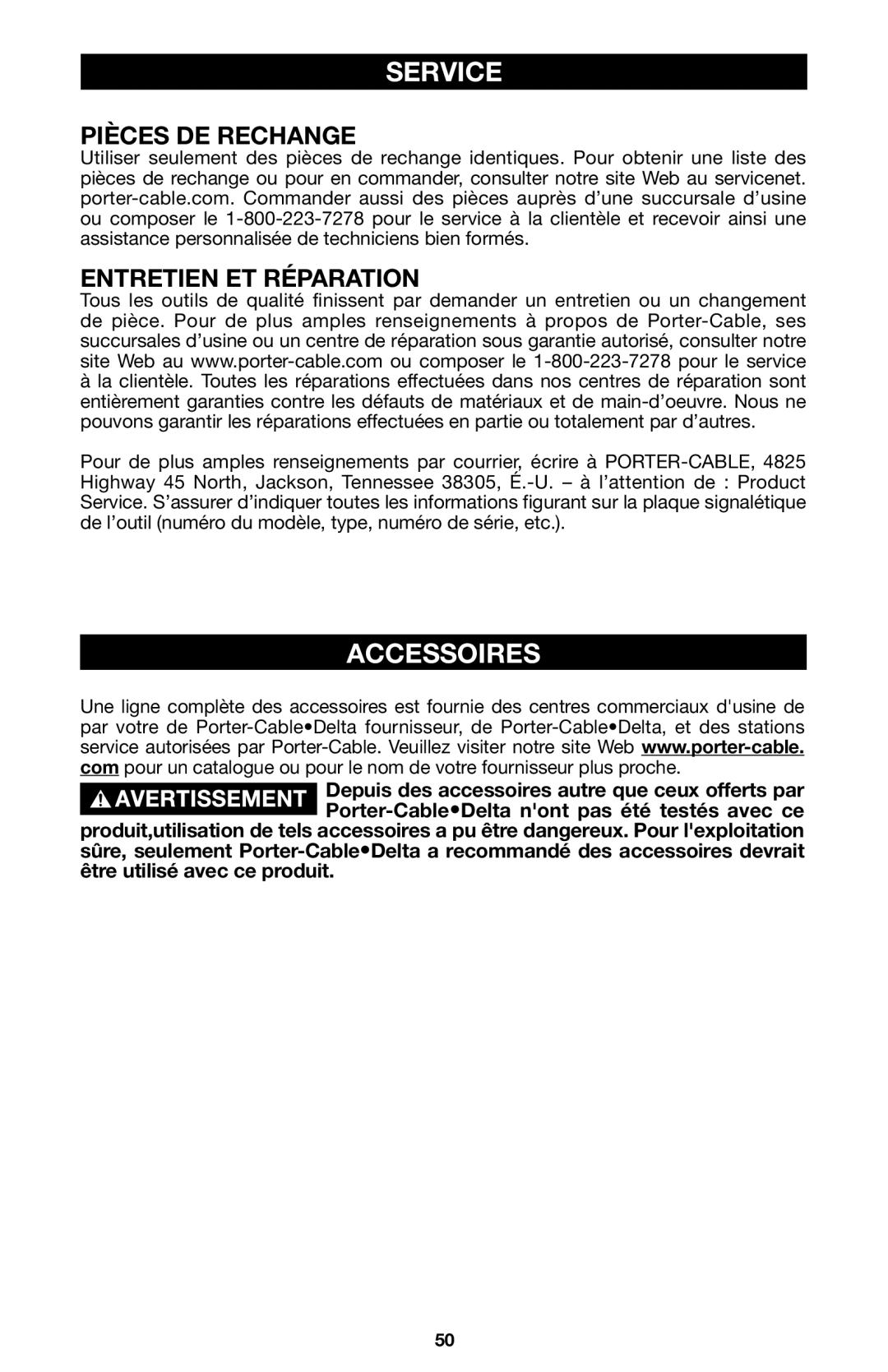 Porter-Cable 748, 746, 745 instruction manual Accessoires, Pièces DE Rechange, Entretien ET Réparation 