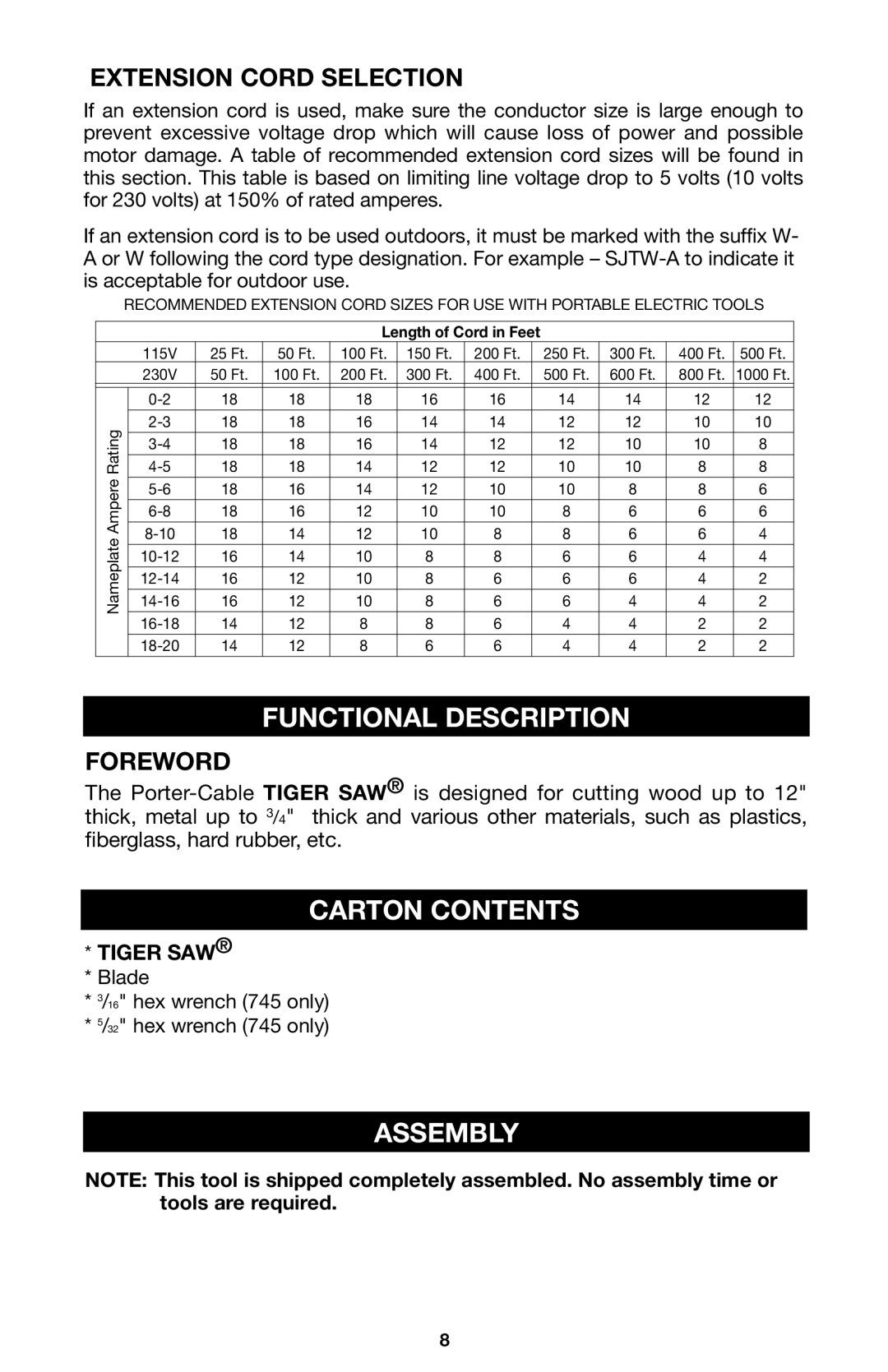 Porter-Cable 748, 746, 745 Functional Description, Carton Contents, Assembly, Extension Cord Selection, Foreword 