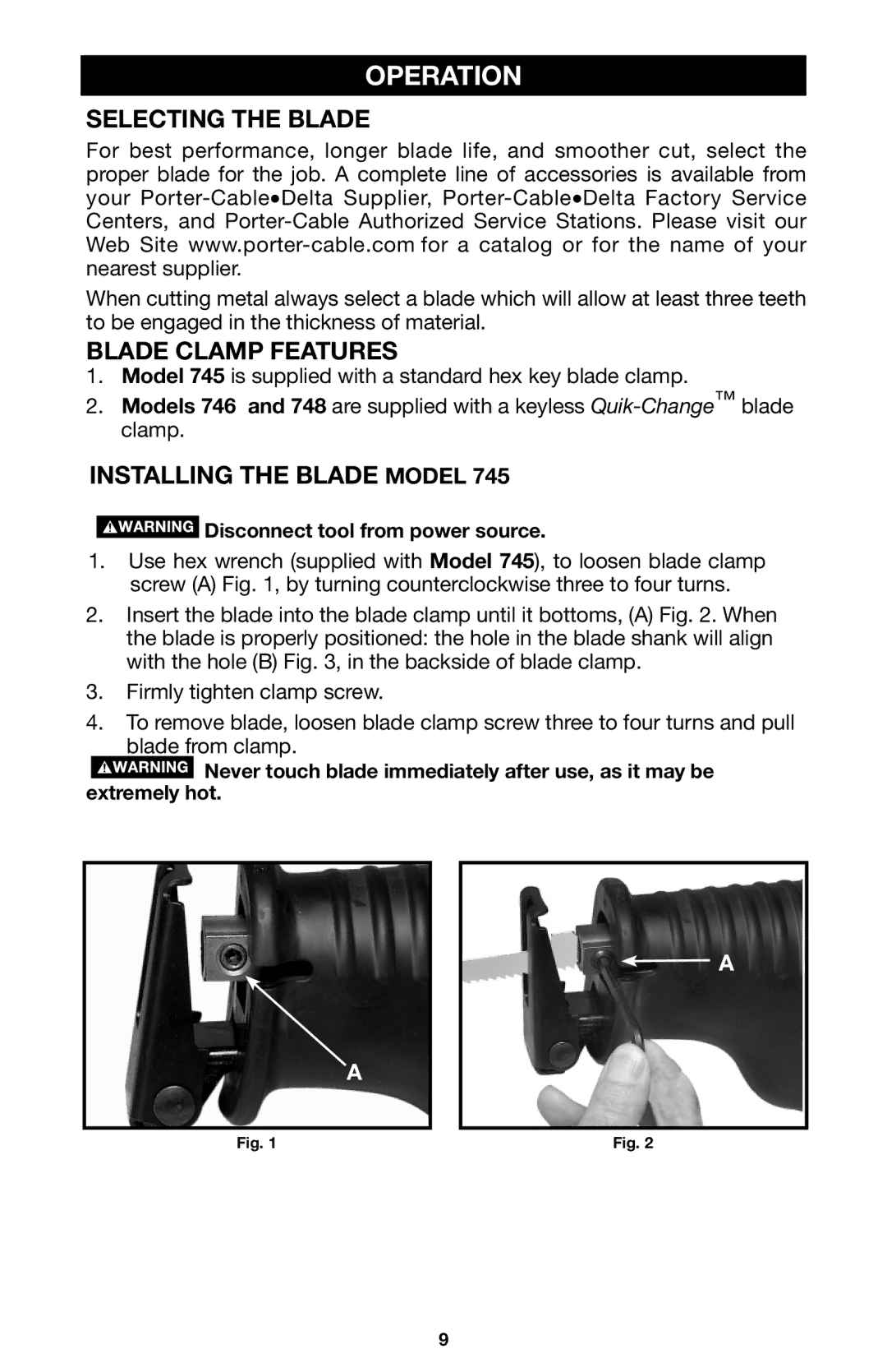 Porter-Cable 746, 745, 748 Operation, Selecting the Blade, Blade Clamp Features, Installing the Blade Model 