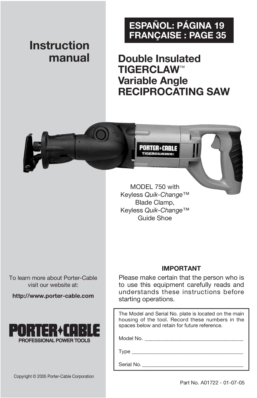 Porter-Cable 750 instruction manual Instruction 