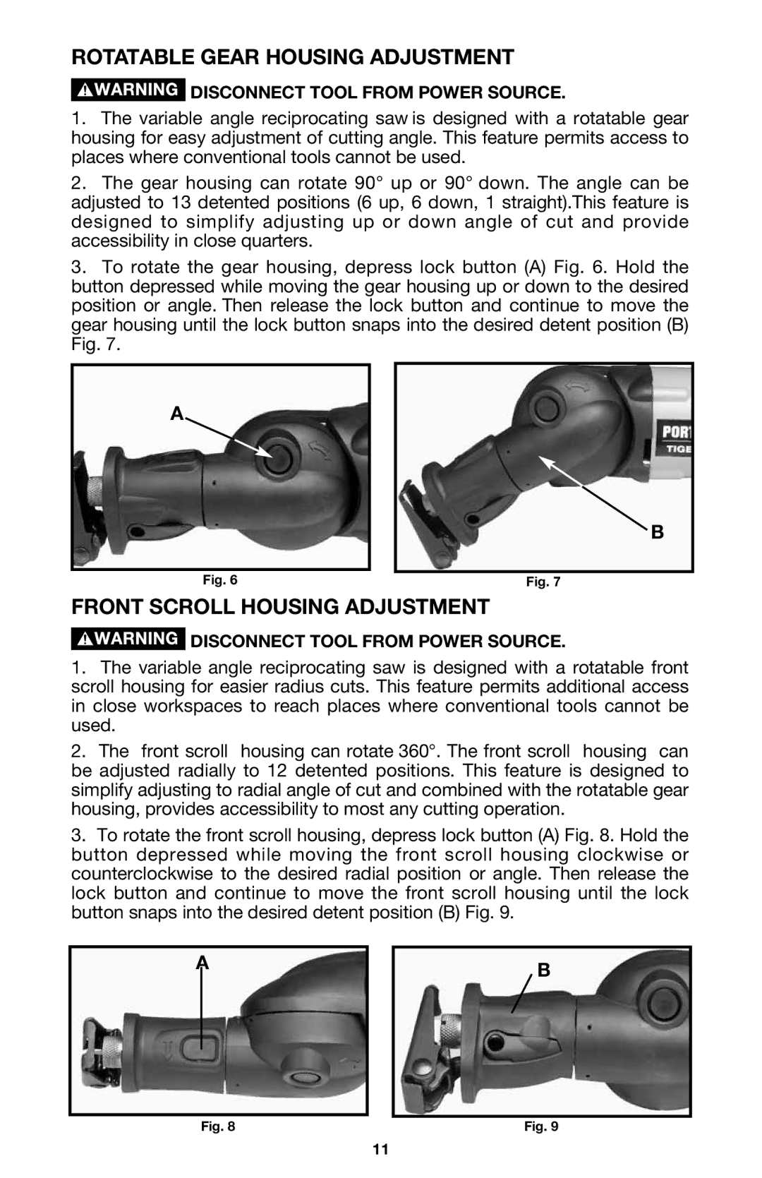 Porter-Cable 750 instruction manual Rotatable Gear Housing Adjustment, Front Scroll Housing Adjustment 