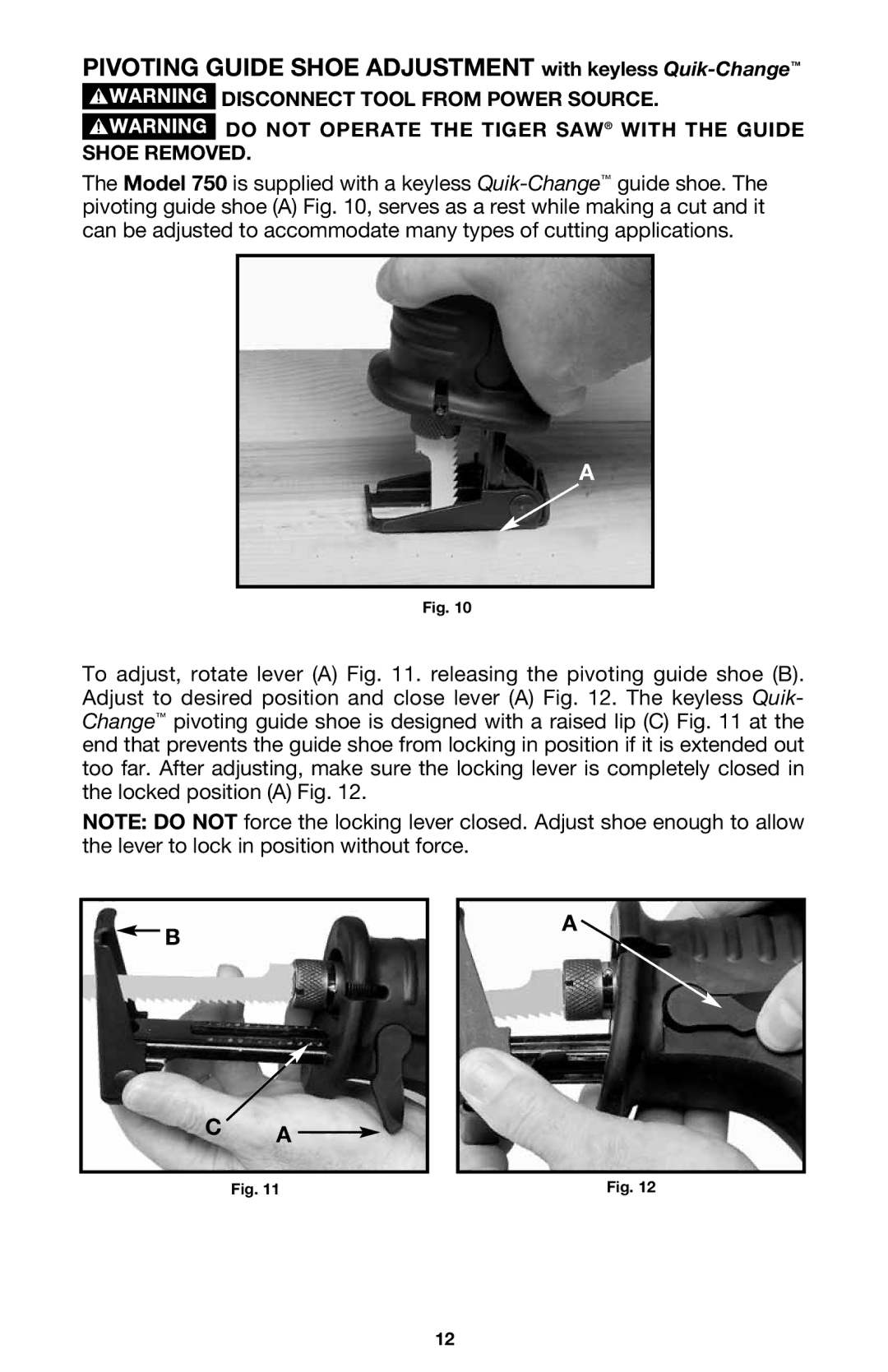 Porter-Cable 750 instruction manual Pivoting Guide Shoe Adjustment with keyless Quik-Change 