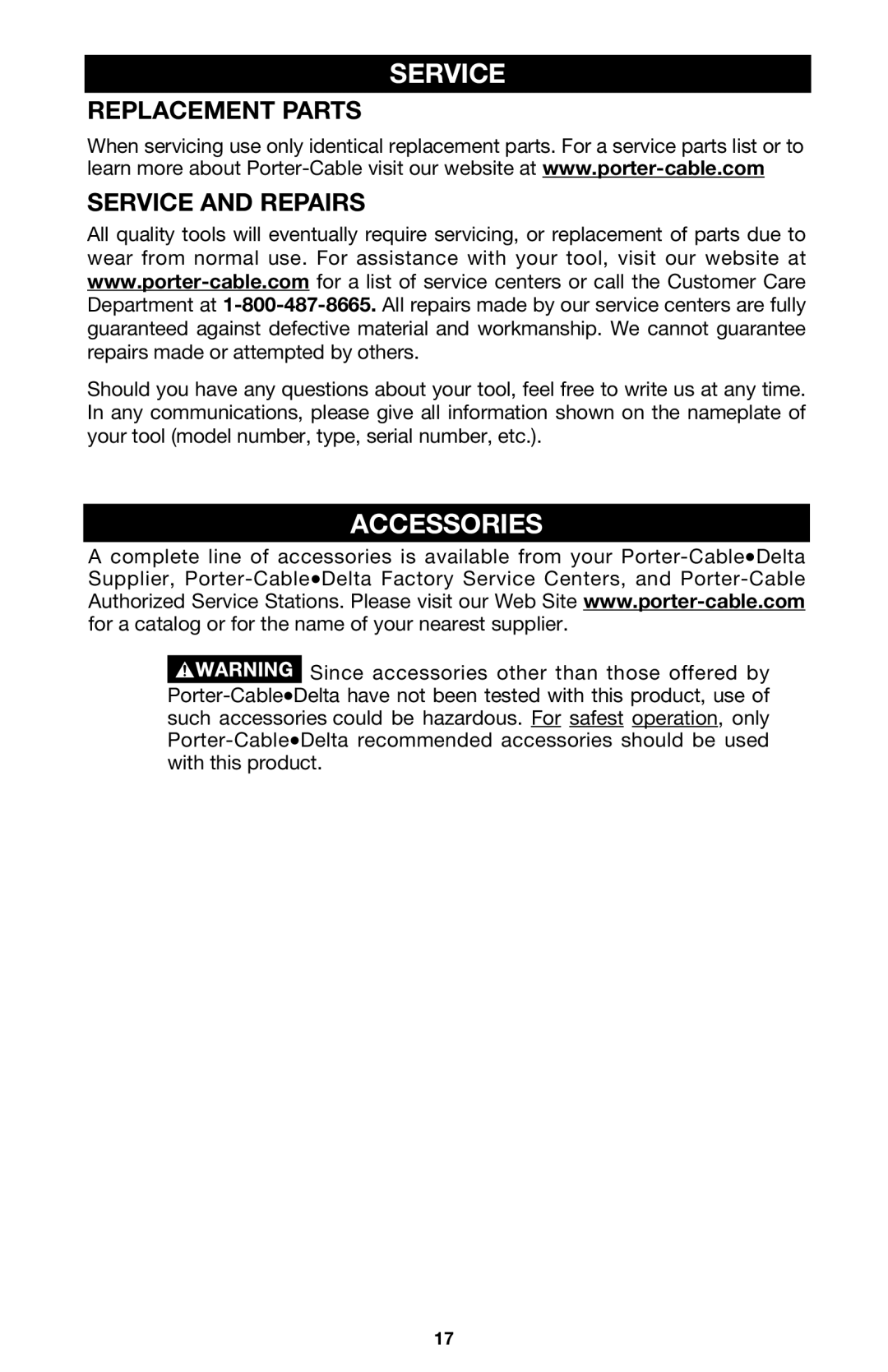 Porter-Cable 750 instruction manual Accessories, Replacement Parts Service and Repairs 