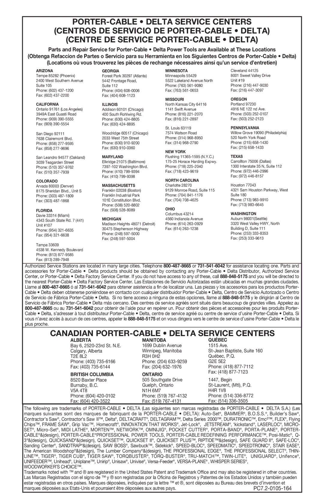 Porter-Cable 750 instruction manual Canadian PORTER-CABLE Delta Service Centers 