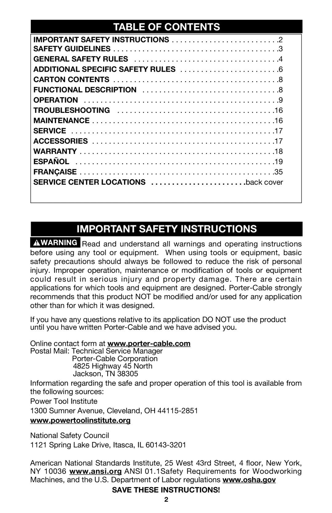 Porter-Cable 750 instruction manual Table of Contents, Important Safety Instructions 