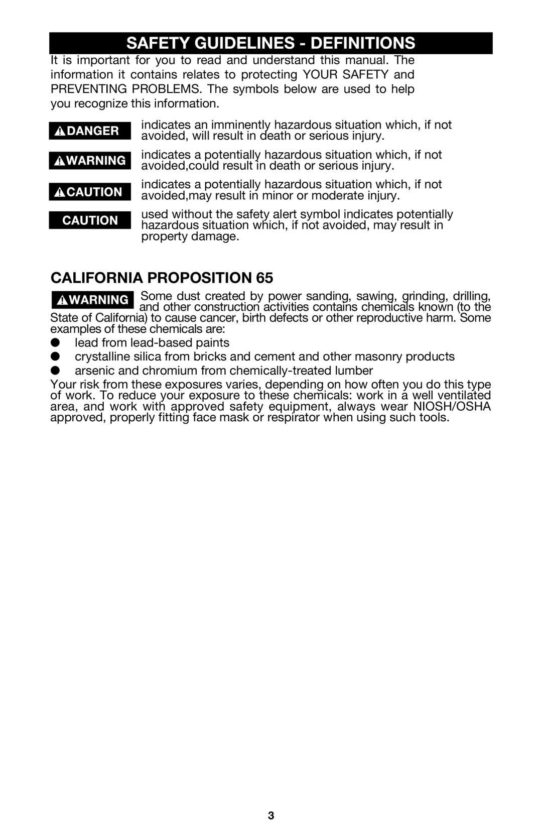 Porter-Cable 750 instruction manual Safety Guidelines Definitions, California Proposition 