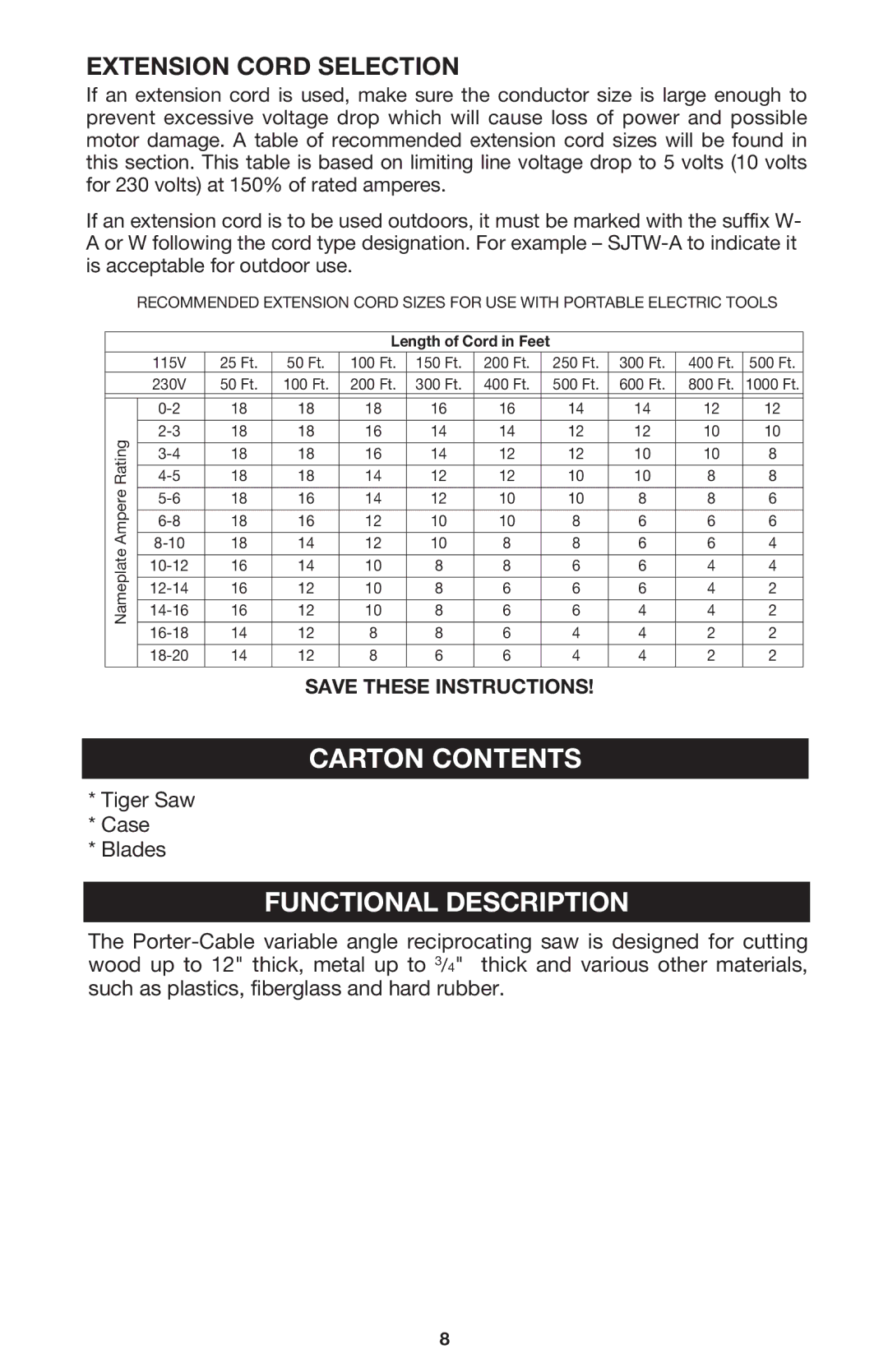 Porter-Cable 750 instruction manual Carton Contents, Functional Description, Extension Cord Selection 