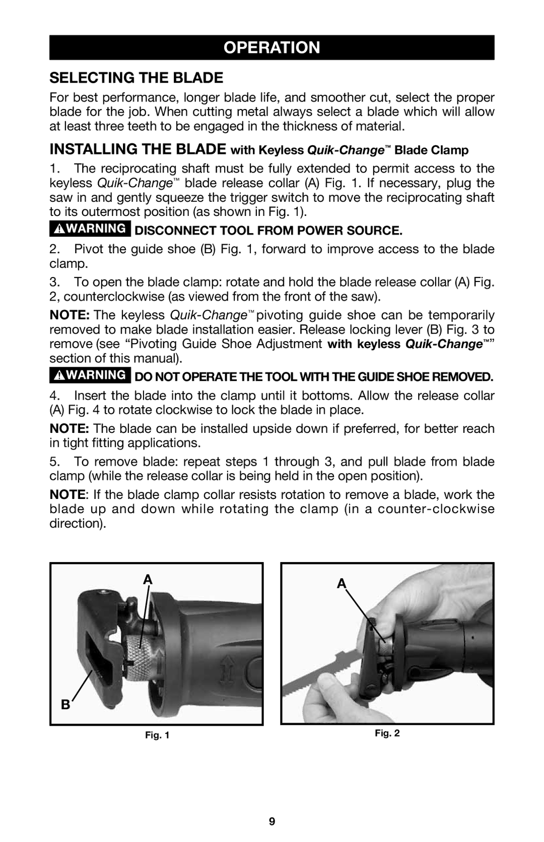 Porter-Cable 750 instruction manual Operation, Selecting the Blade 