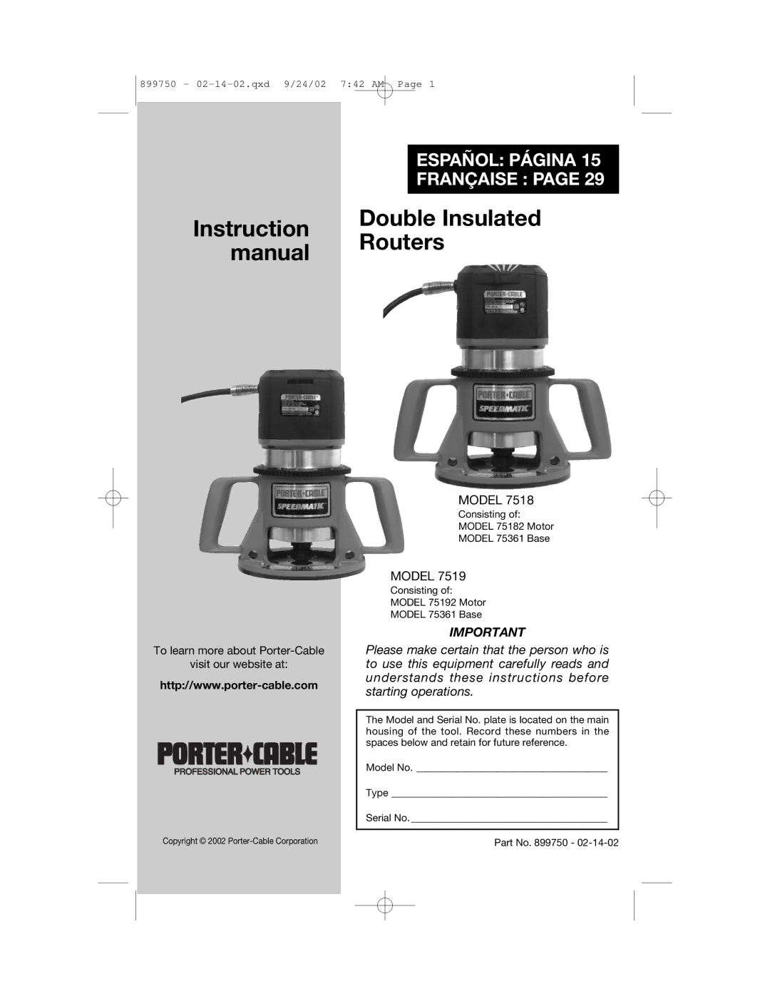 Porter-Cable 7518, 7519 instruction manual Double Insulated 