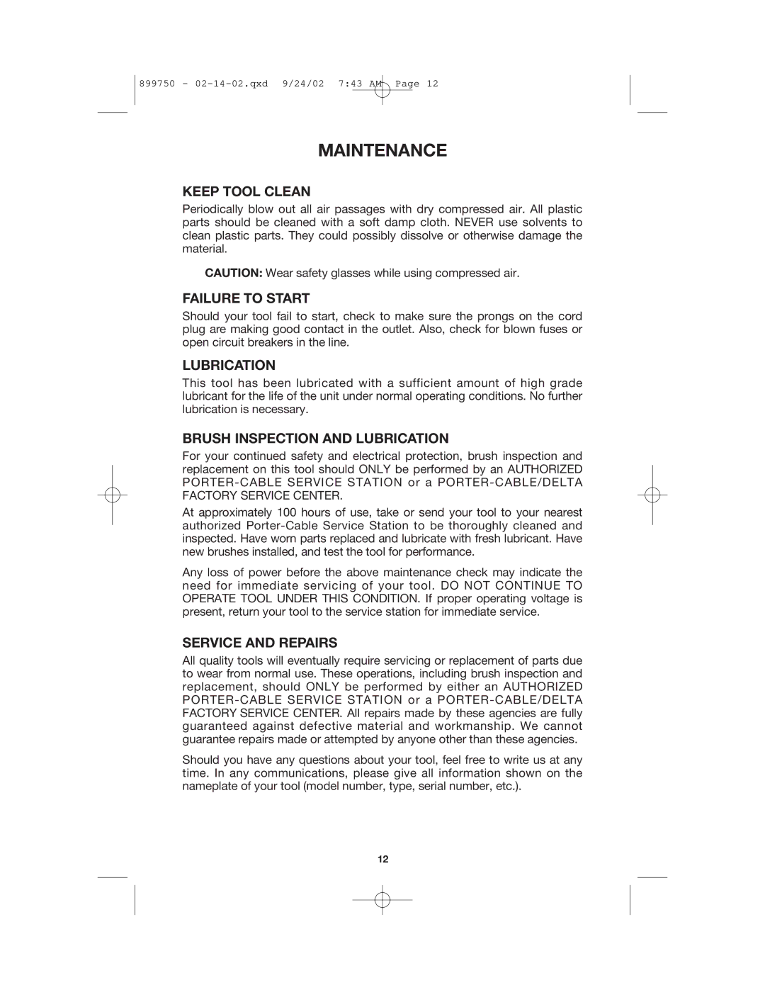 Porter-Cable 7519, 7518 instruction manual Maintenance 