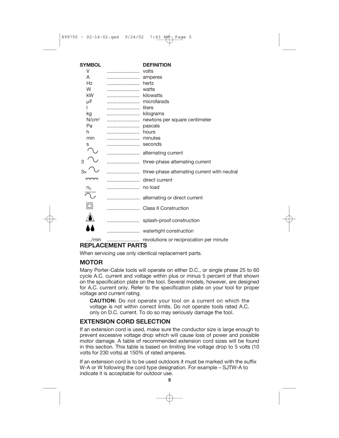 Porter-Cable 7518, 7519 instruction manual Replacement Parts, Motor, Extension Cord Selection 