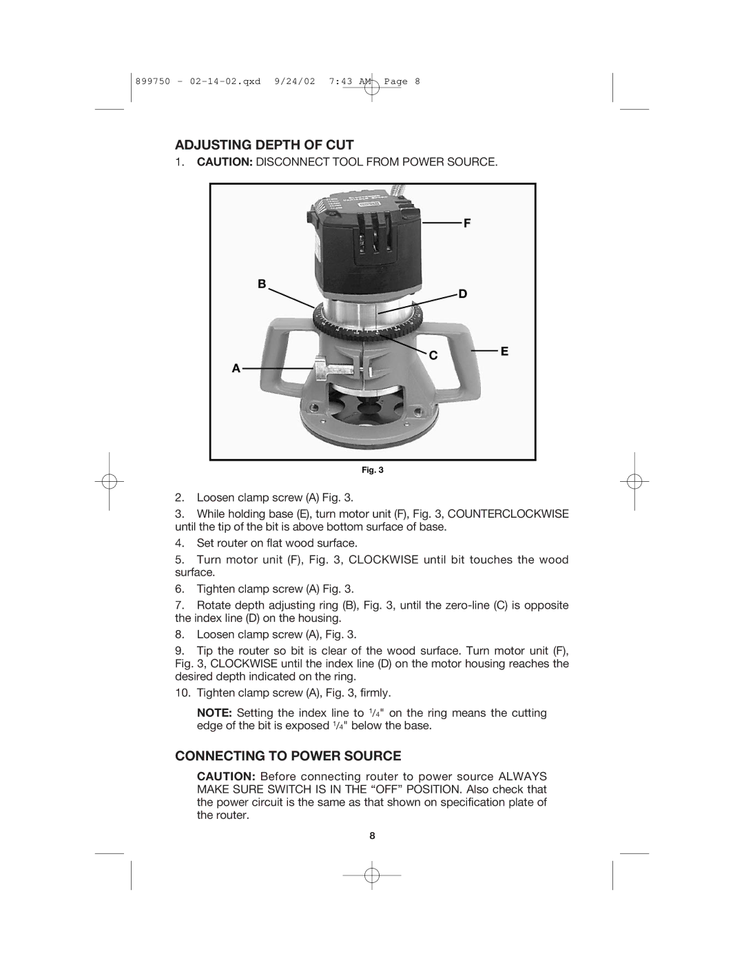 Porter-Cable 7519, 7518 instruction manual Adjusting Depth of CUT, Connecting to Power Source 