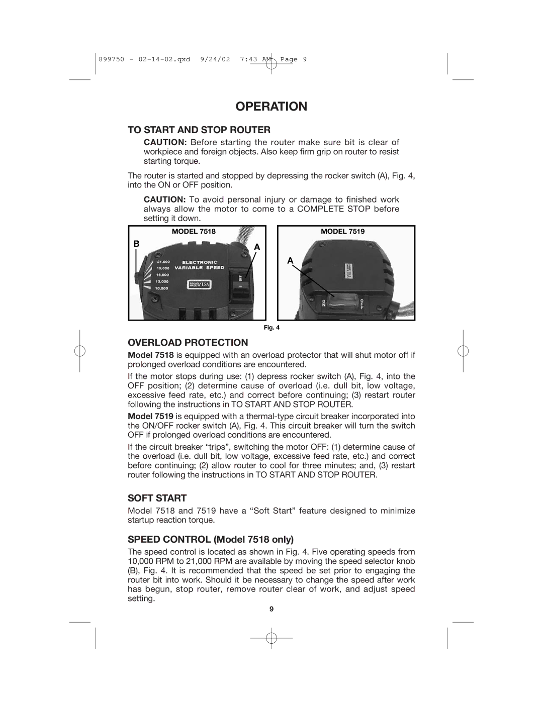 Porter-Cable 7518, 7519 instruction manual Operation, To Start and Stop Router, Overload Protection, Soft Start 