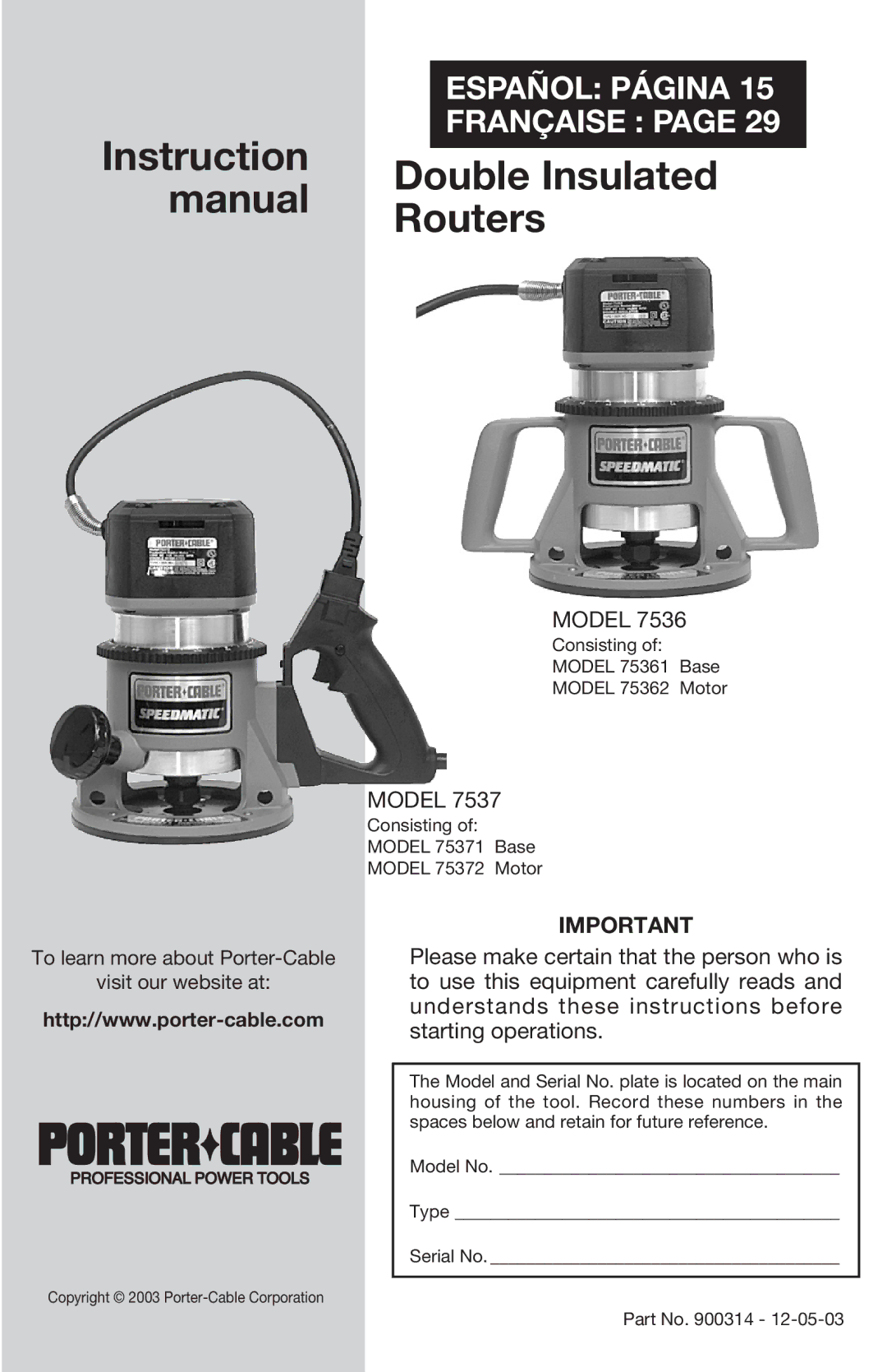 Porter-Cable 7537, 7536 instruction manual Double Insulated 