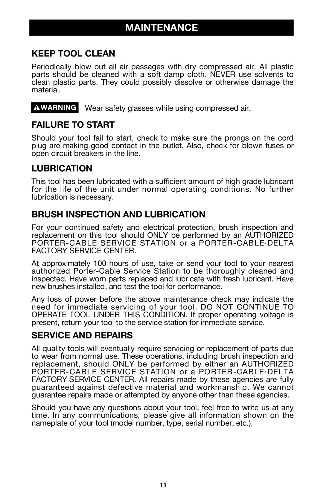 Porter-Cable 7537, 7536 instruction manual Maintenance 