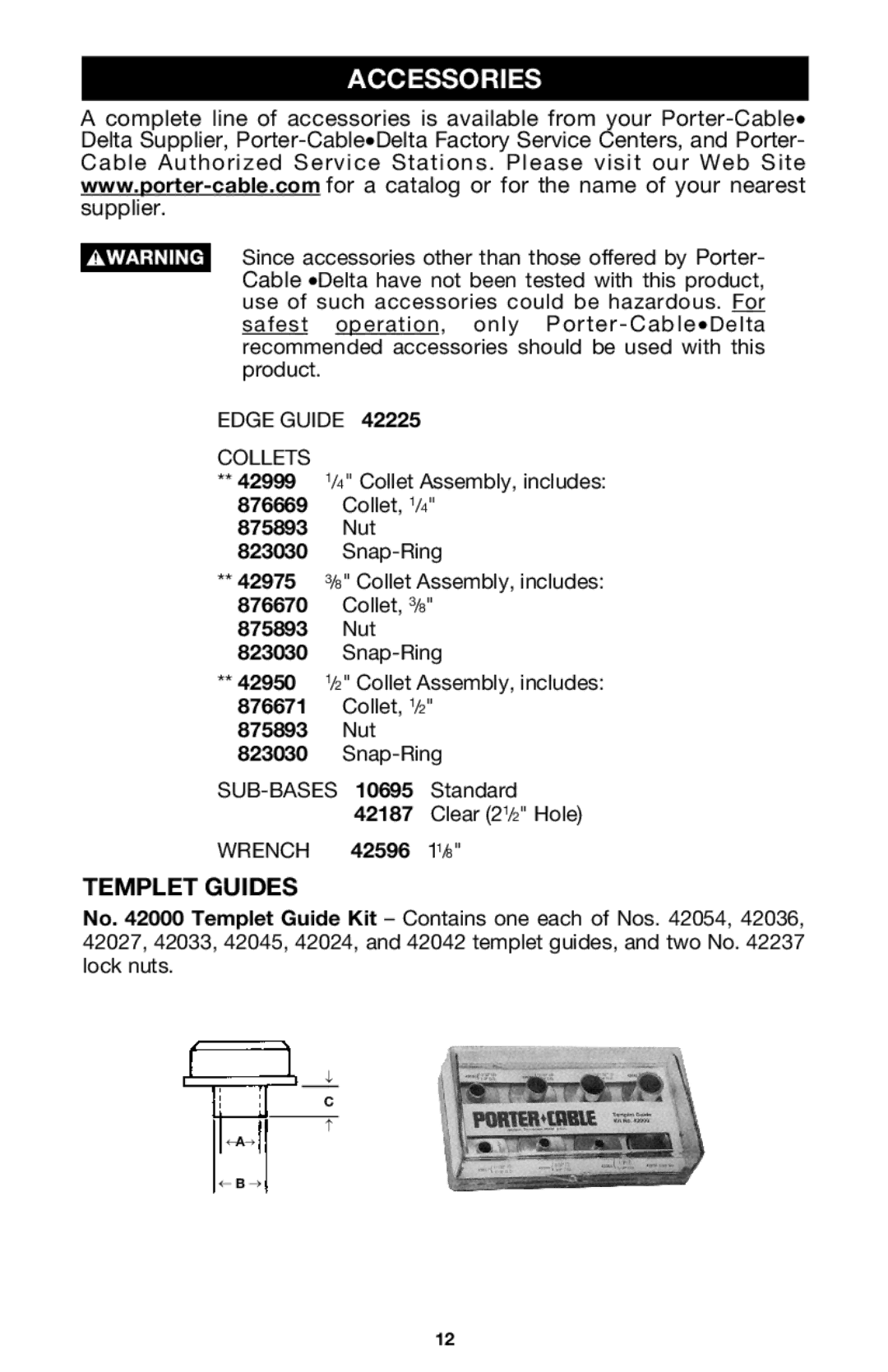 Porter-Cable 7536, 7537 instruction manual Accessories, Edge Guide Collets, Wrench 