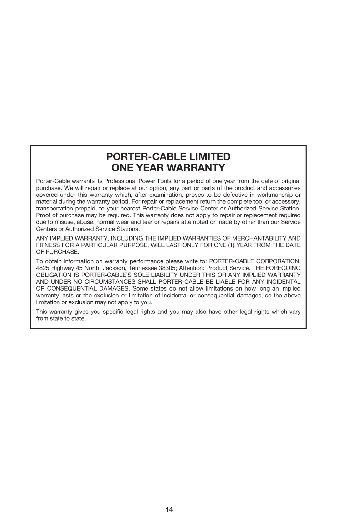 Porter-Cable 7536, 7537 instruction manual PORTER-CABLE Limited ONE Year Warranty 