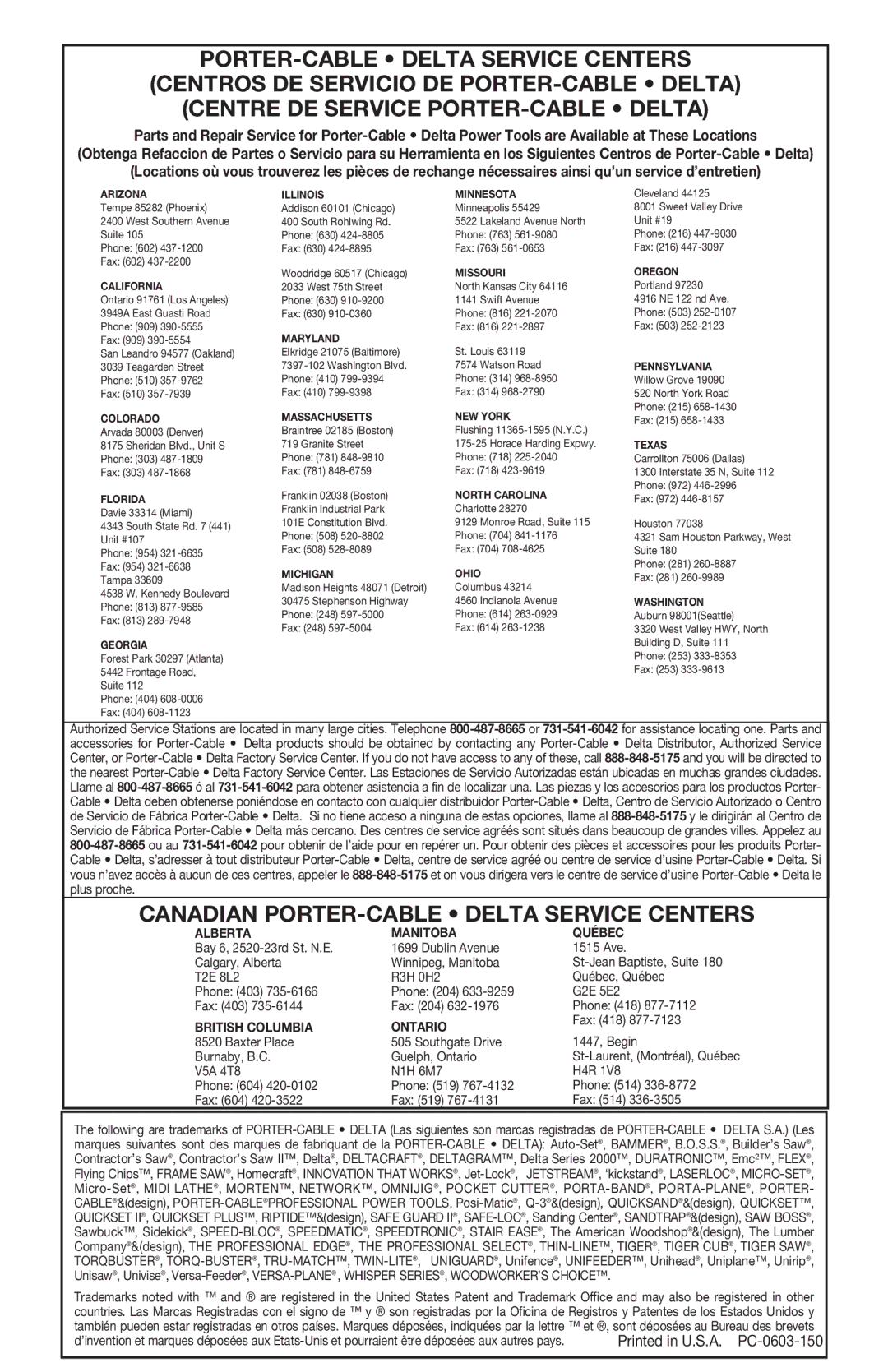 Porter-Cable 7537, 7536 instruction manual Canadian PORTER-CABLE Delta Service Centers 