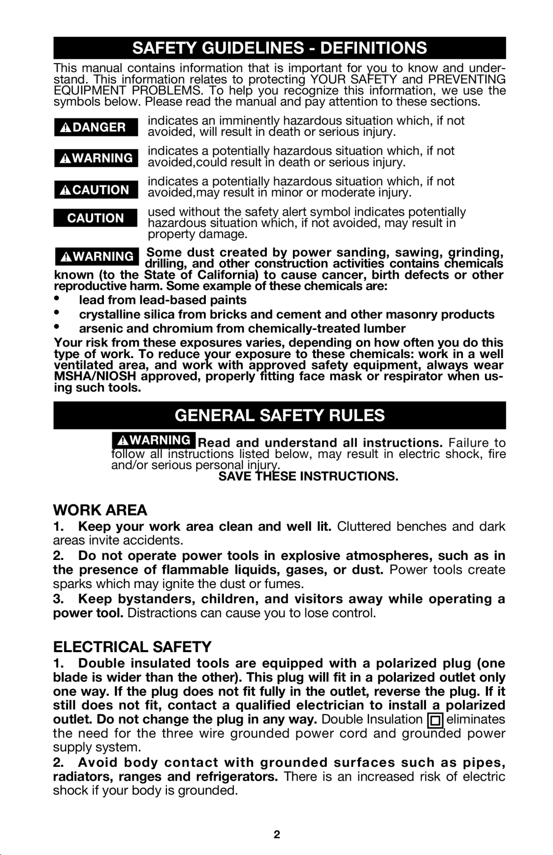 Porter-Cable 7536, 7537 instruction manual Safety Guidelines Definitions, General Safety Rules, Work Area, Electrical Safety 