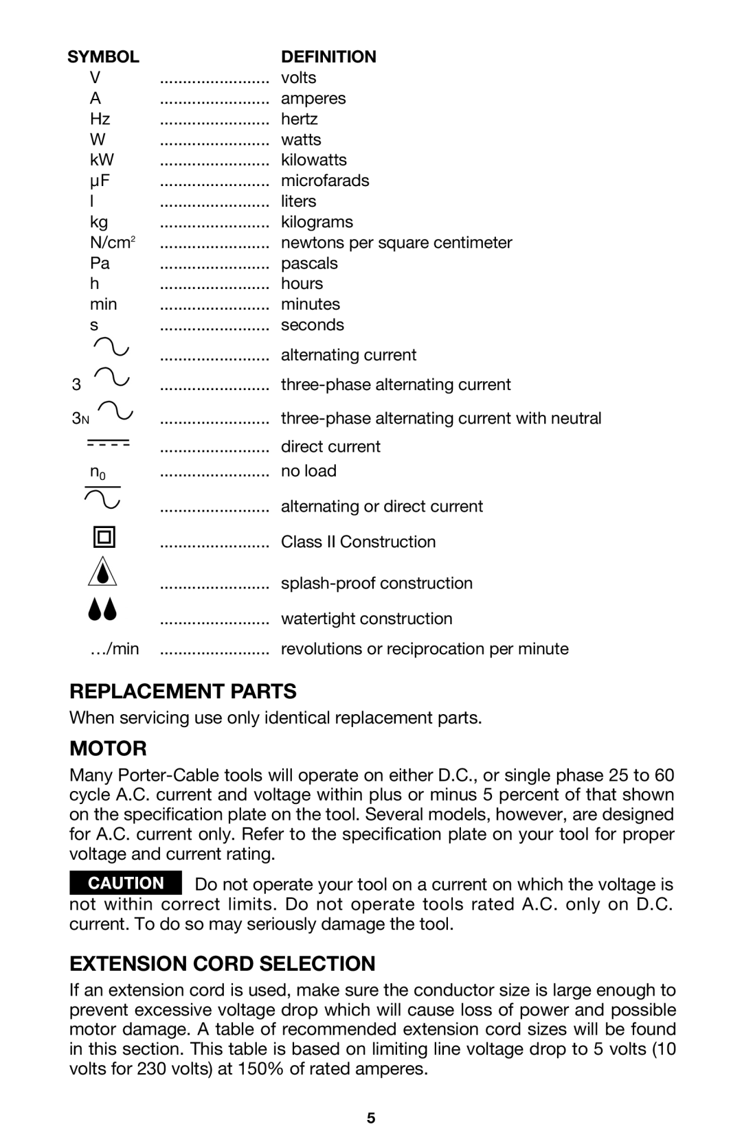 Porter-Cable 7537, 7536 instruction manual Replacement Parts, Motor, Extension Cord Selection 