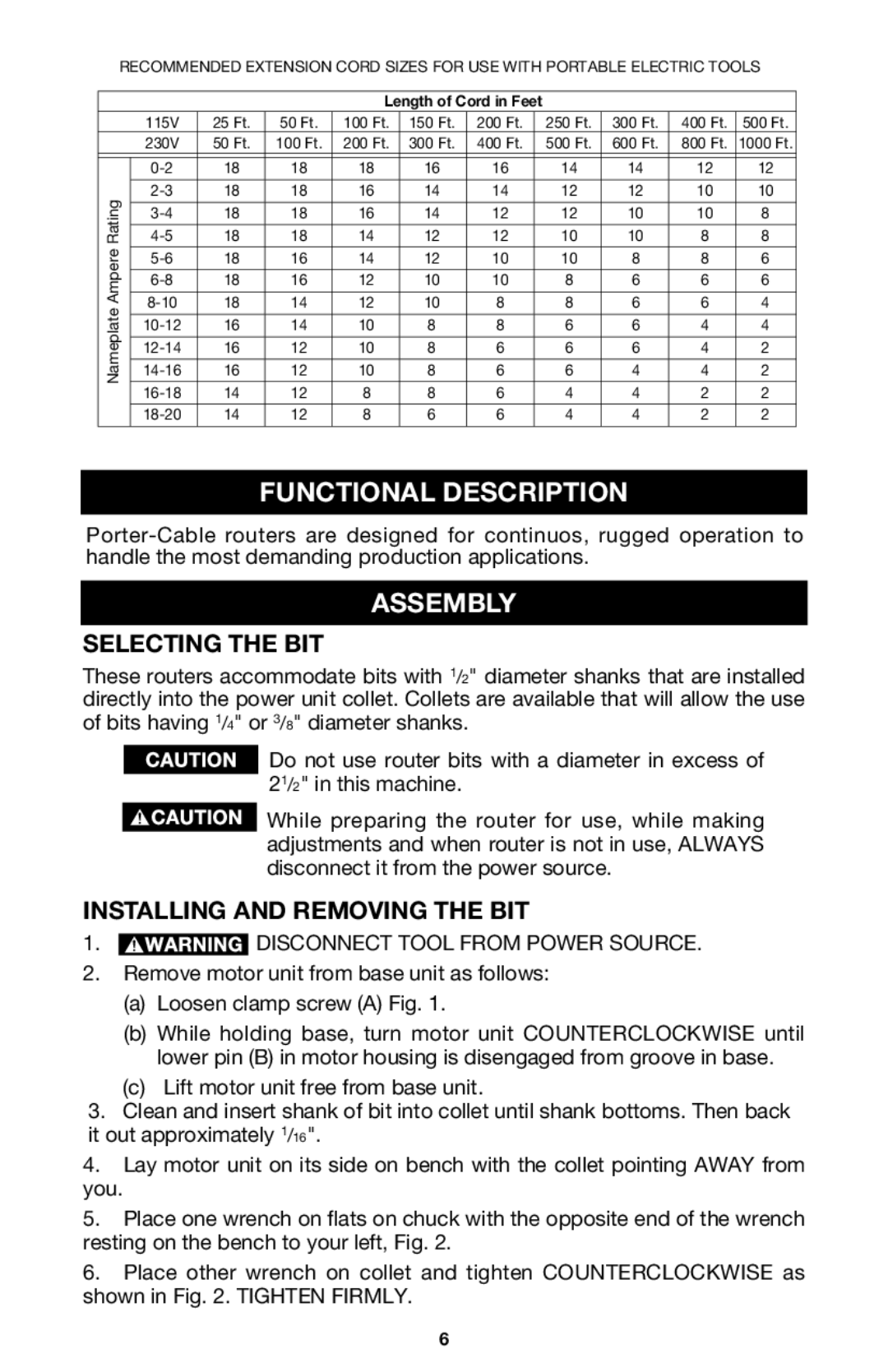 Porter-Cable 7536, 7537 Functional Description, Assembly, Selecting the BIT, Installing and Removing the BIT 