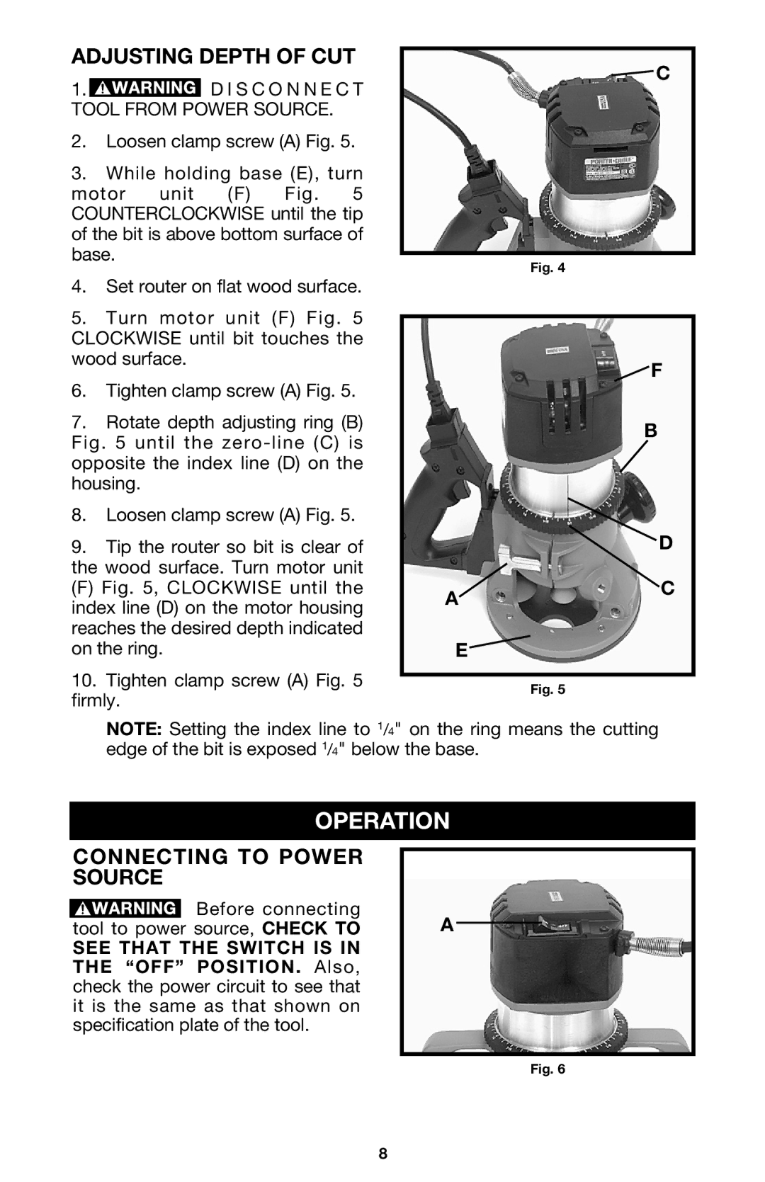 Porter-Cable 7536 Operation, Adjusting Depth of CUT, Connecting to Power Source, I S C O N N E C T Tool from Power Source 