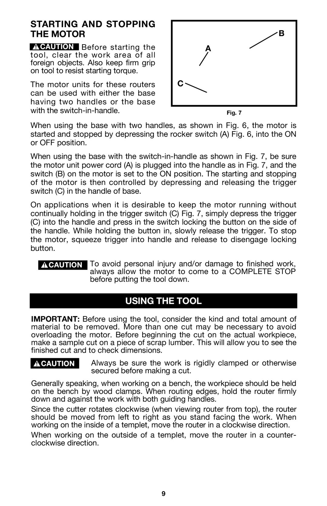 Porter-Cable 7537, 7536 instruction manual Starting and Stopping the Motor, Using the Tool 