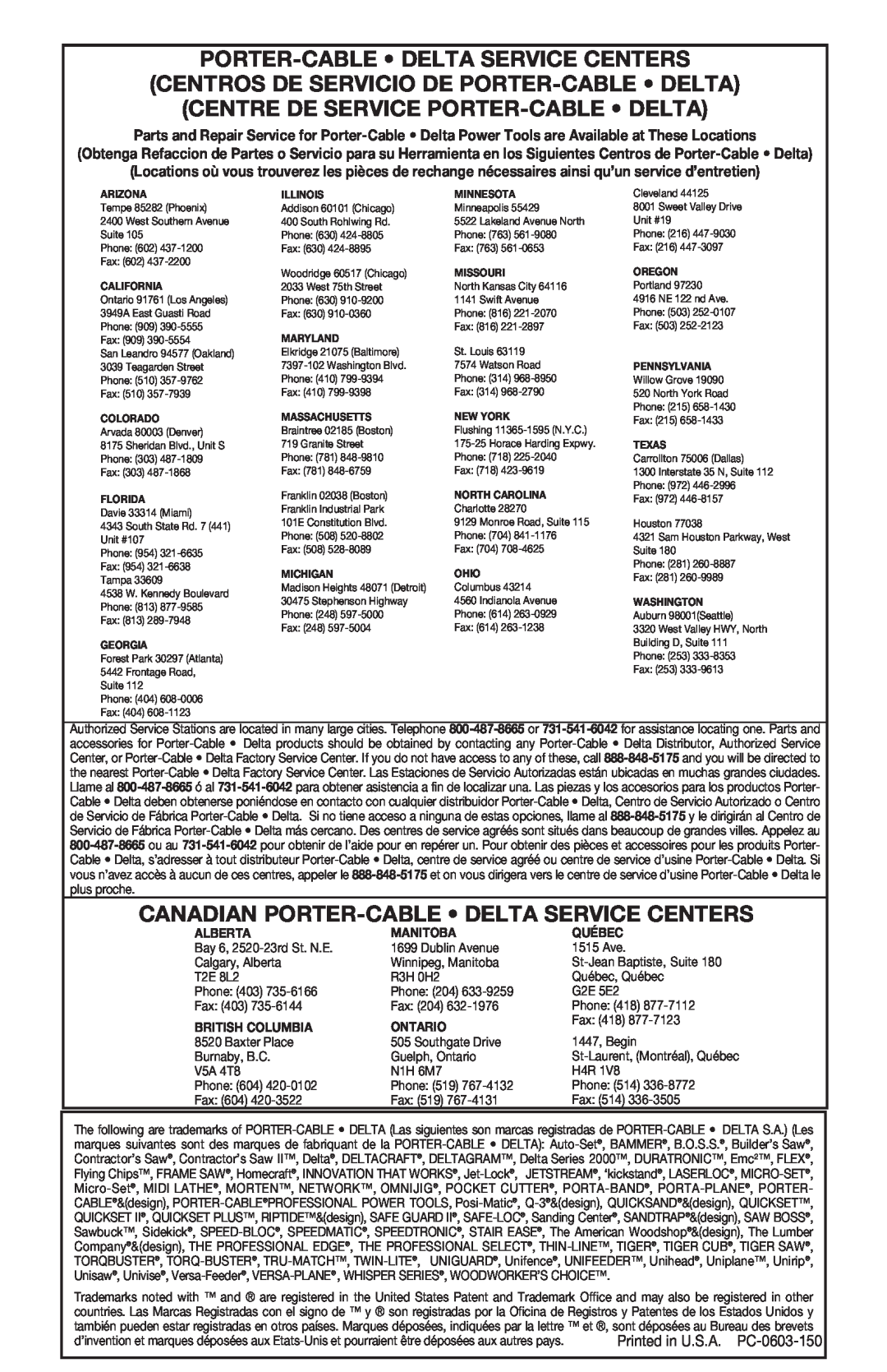 Porter-Cable 7537 Porter-Cable Delta Service Centers, Centros De Servicio De Porter-Cable Delta, Alberta, Manitoba, Québec 