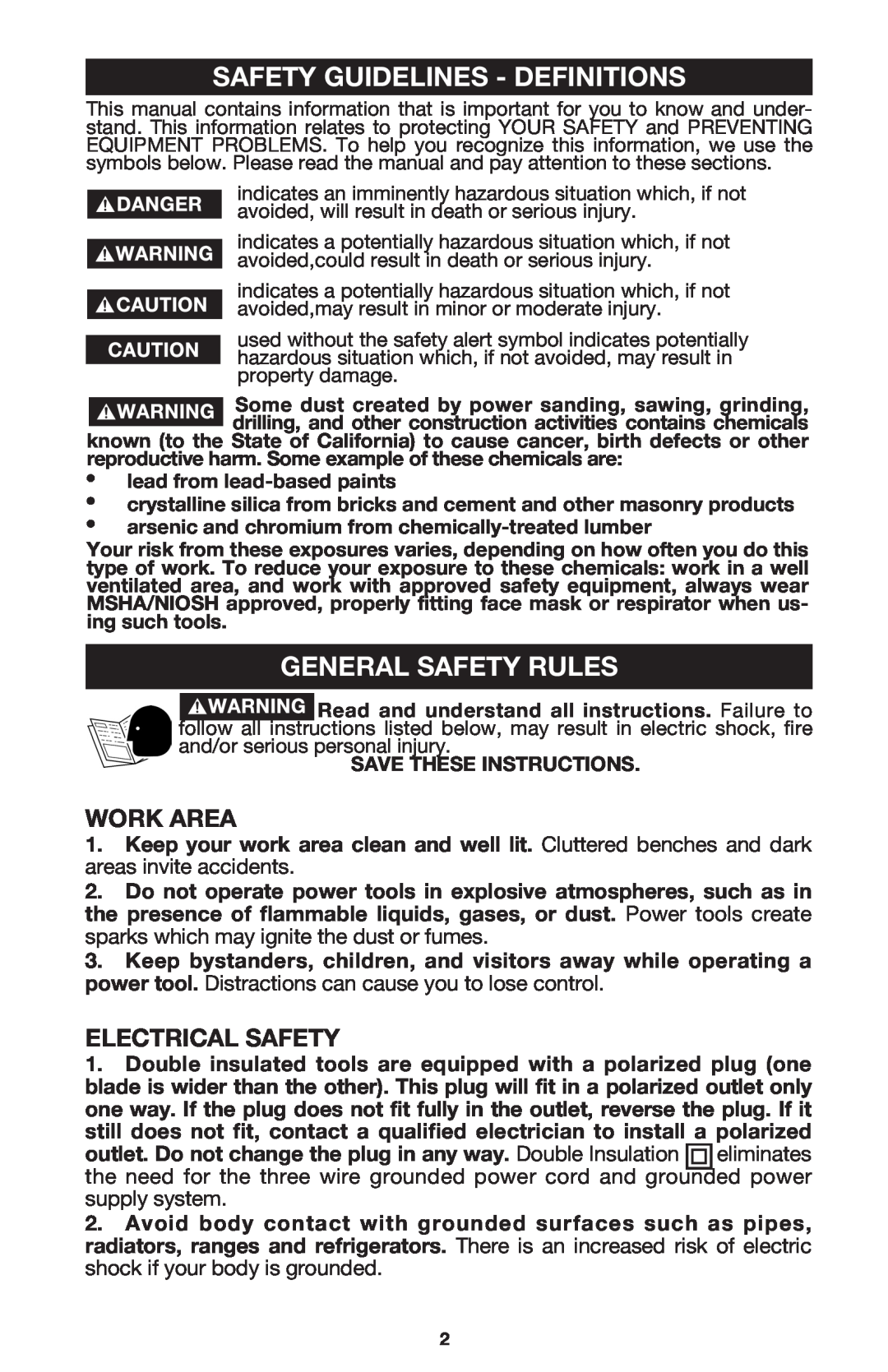 Porter-Cable 7536, 7537 Safety Guidelines - Definitions, General Safety Rules, Work Area, Electrical Safety 