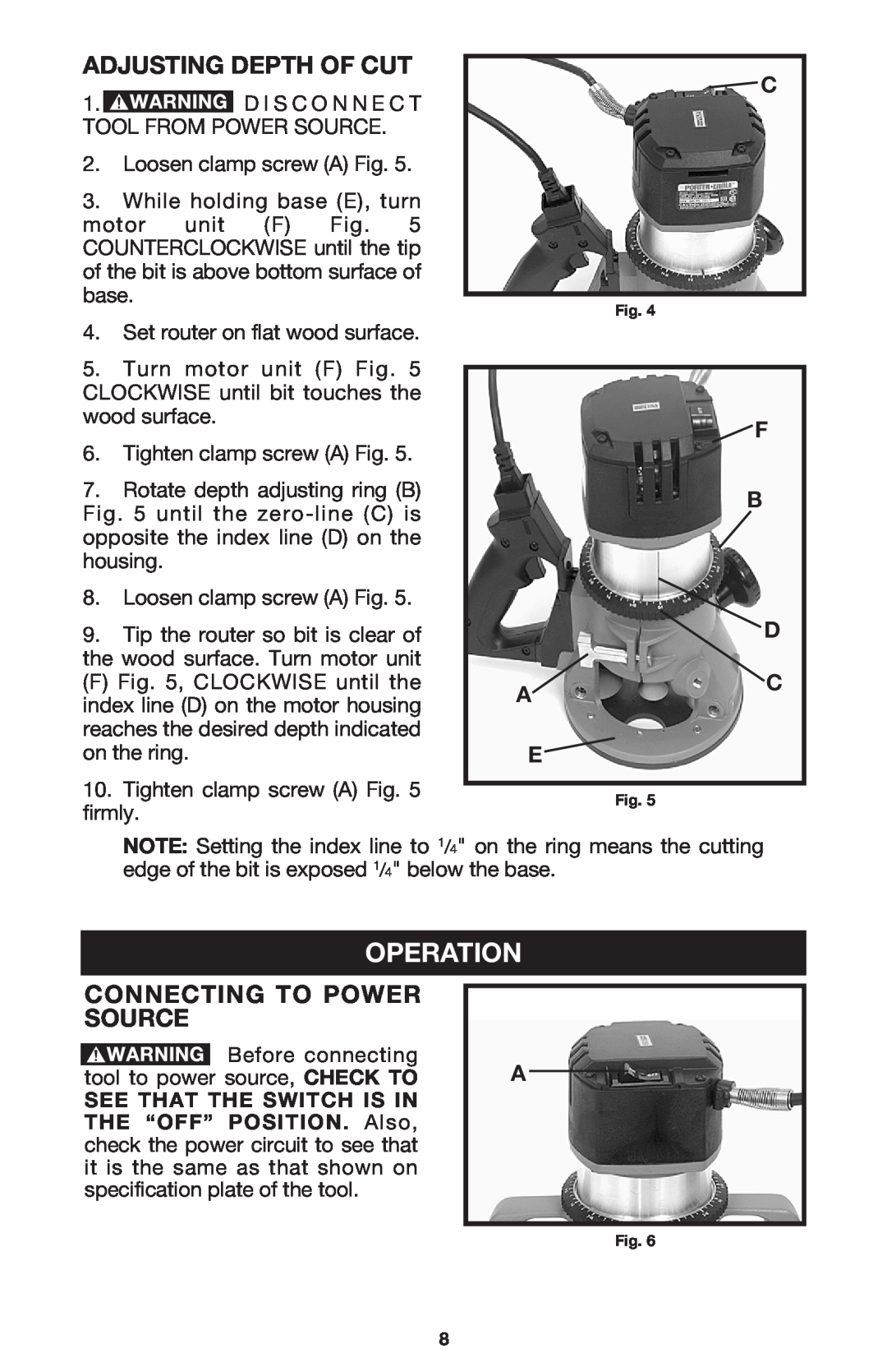 Porter-Cable 7536, 7537 instruction manual Operation, Adjusting Depth Of Cut, Connecting To Power Source 