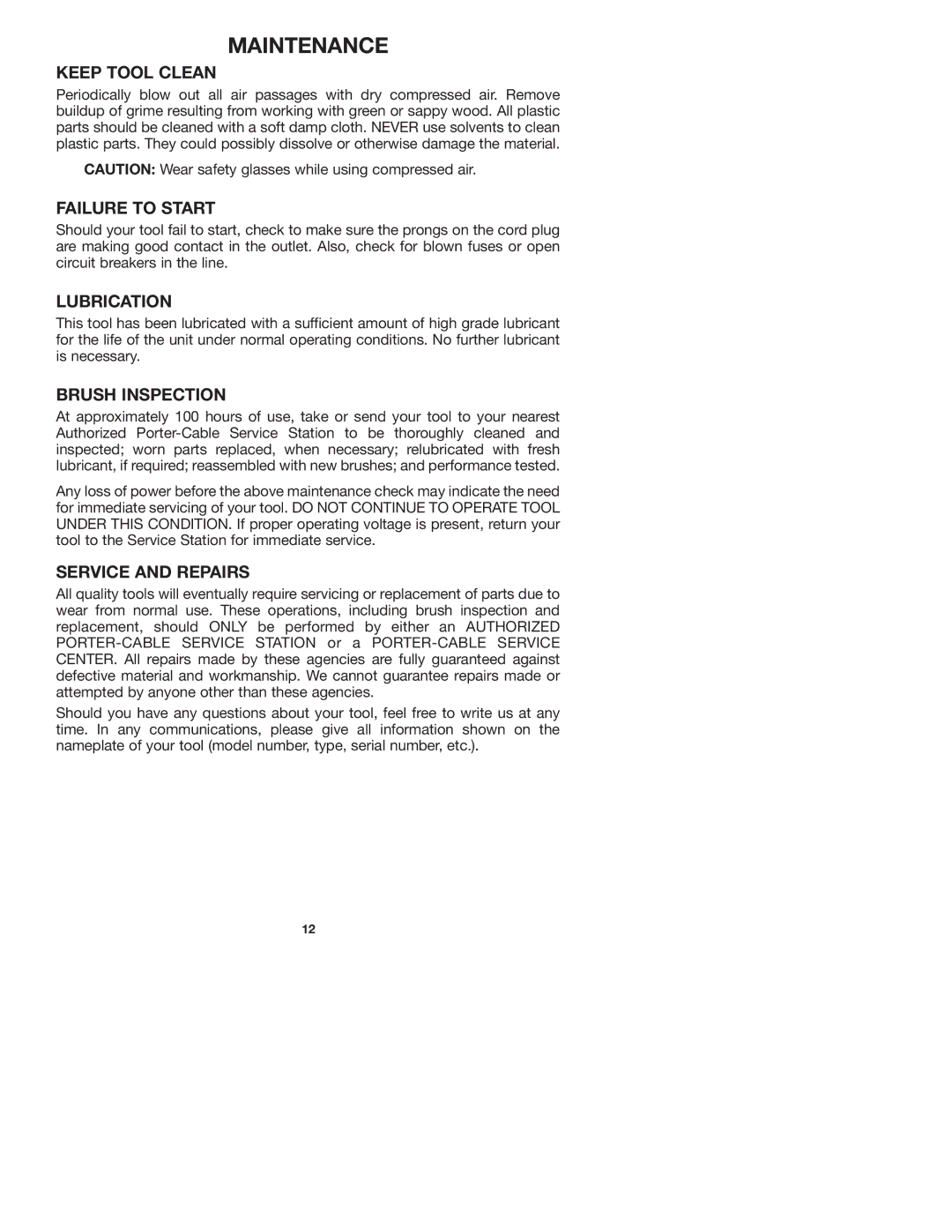 Porter-Cable 7536 instruction manual Maintenance 