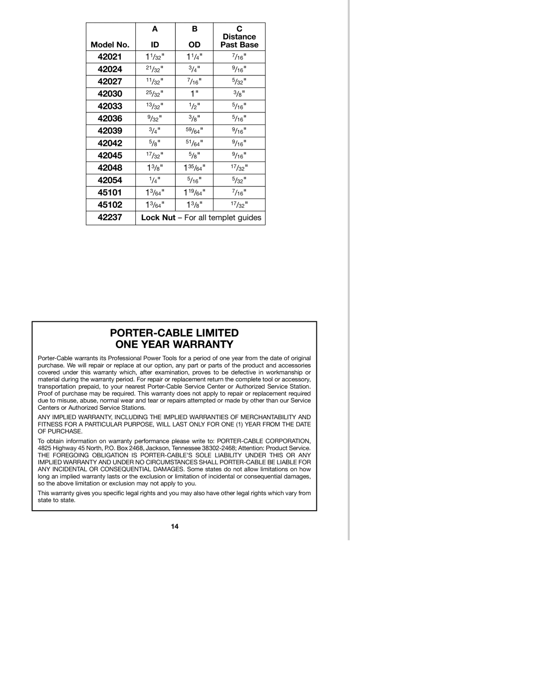 Porter-Cable 7536 instruction manual PORTER-CABLE Limited ONE Year Warranty 