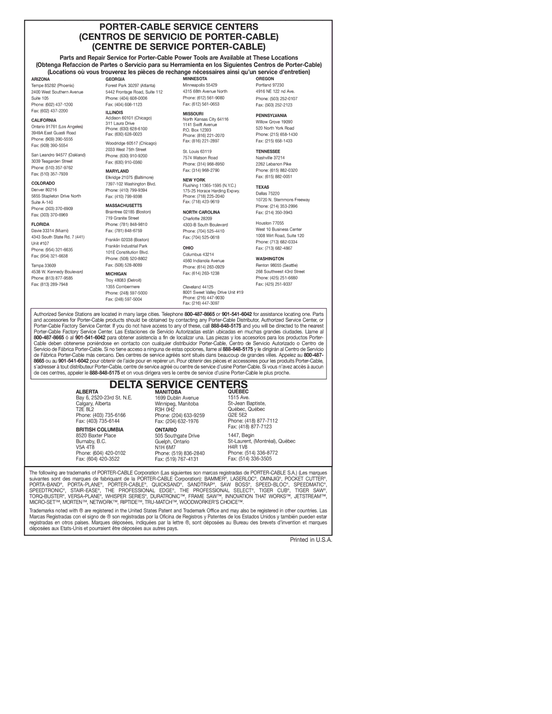 Porter-Cable 7536 instruction manual Delta Service Centers 