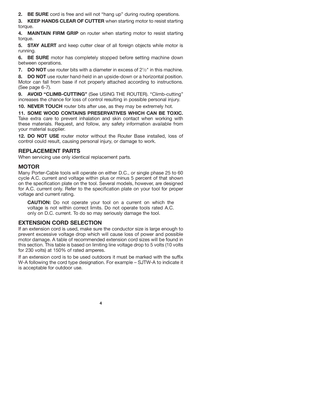 Porter-Cable 7536 instruction manual Replacement Parts, Motor, Extension Cord Selection 